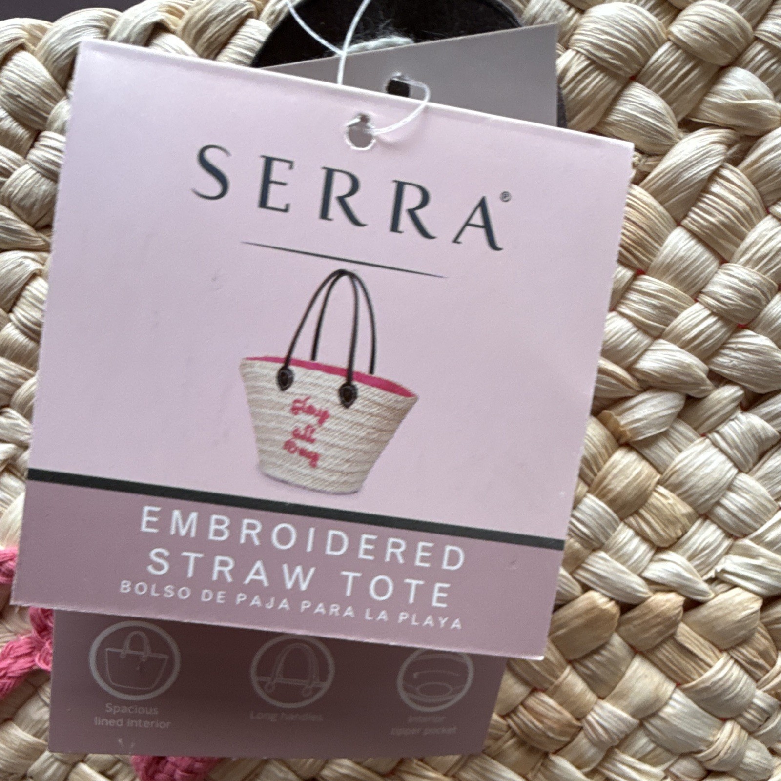NWT Serra Embroidered Straw Tote Bag Slay All Day Pink Beach Handbag Aldi