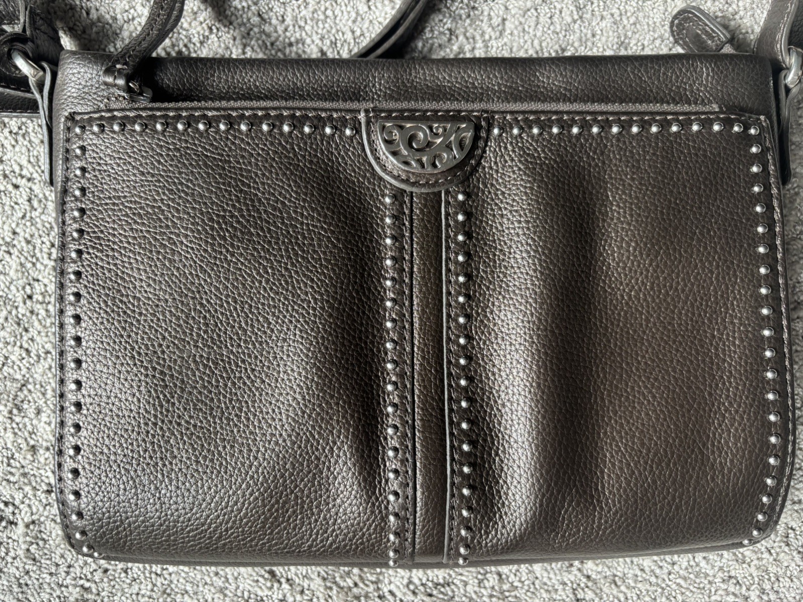 BRIGHTON Crossbody Organizer in Cappuccino Pebbled Leather w/ Silver Studs