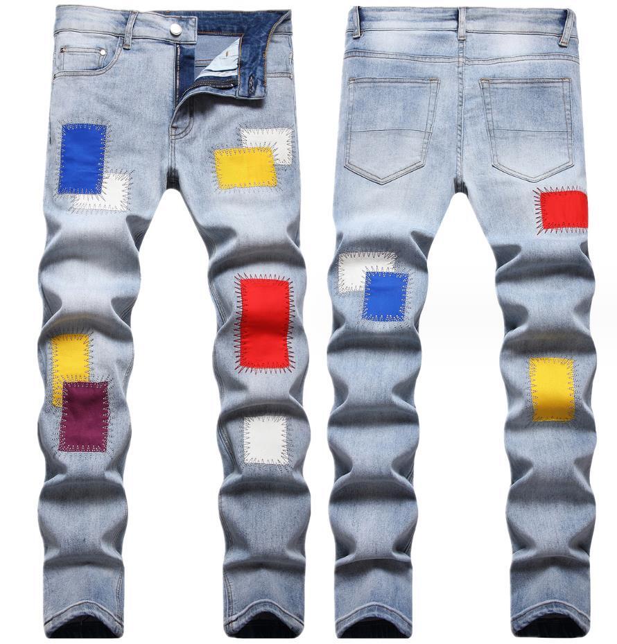Men’s Light Blue Straight Leg Casual Pants Denim Jeans Trousers Punk Hip Hop