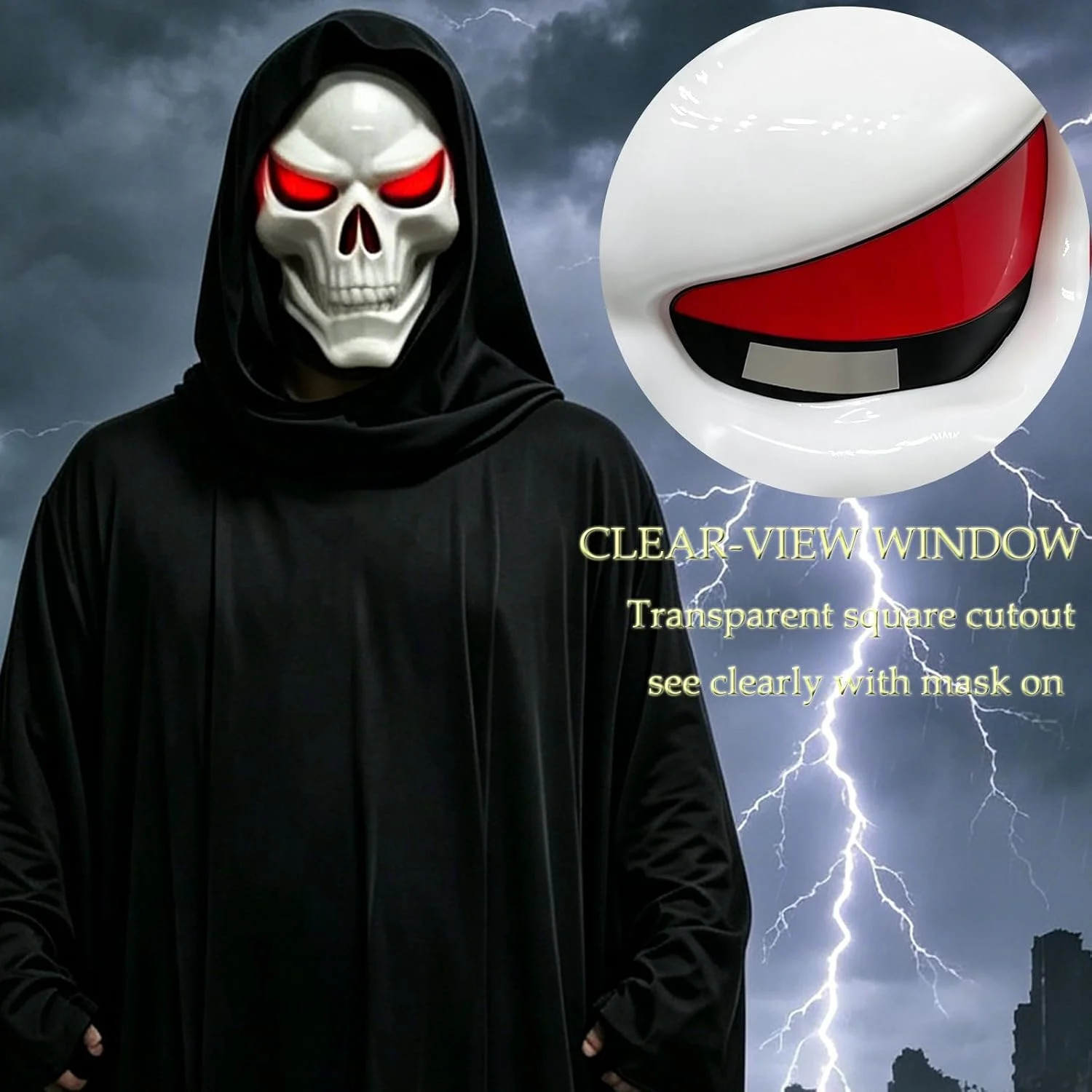 LED Skeleton Mask with Glowing Red Eyes, Halloween Costume for Adult Scary | 3 L