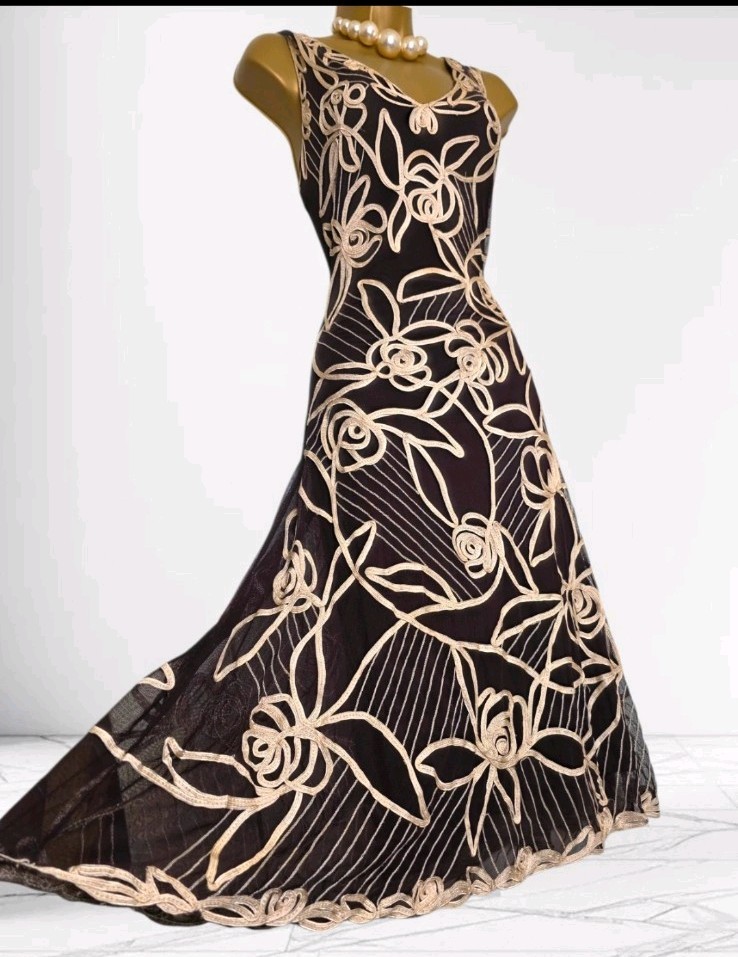 Phase Eight Brown & Cream Tapework Embroidered Occasion Dress + Shawl Size 12