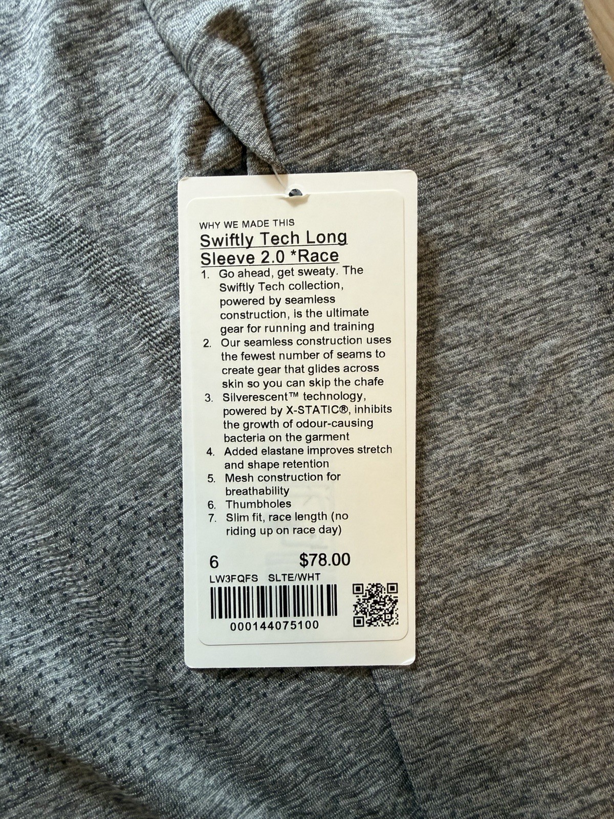 Lululemon Swiftly Tech 2.0 Long Sleeve Shirt, Size 6, Race Length NEW WITH TAGS