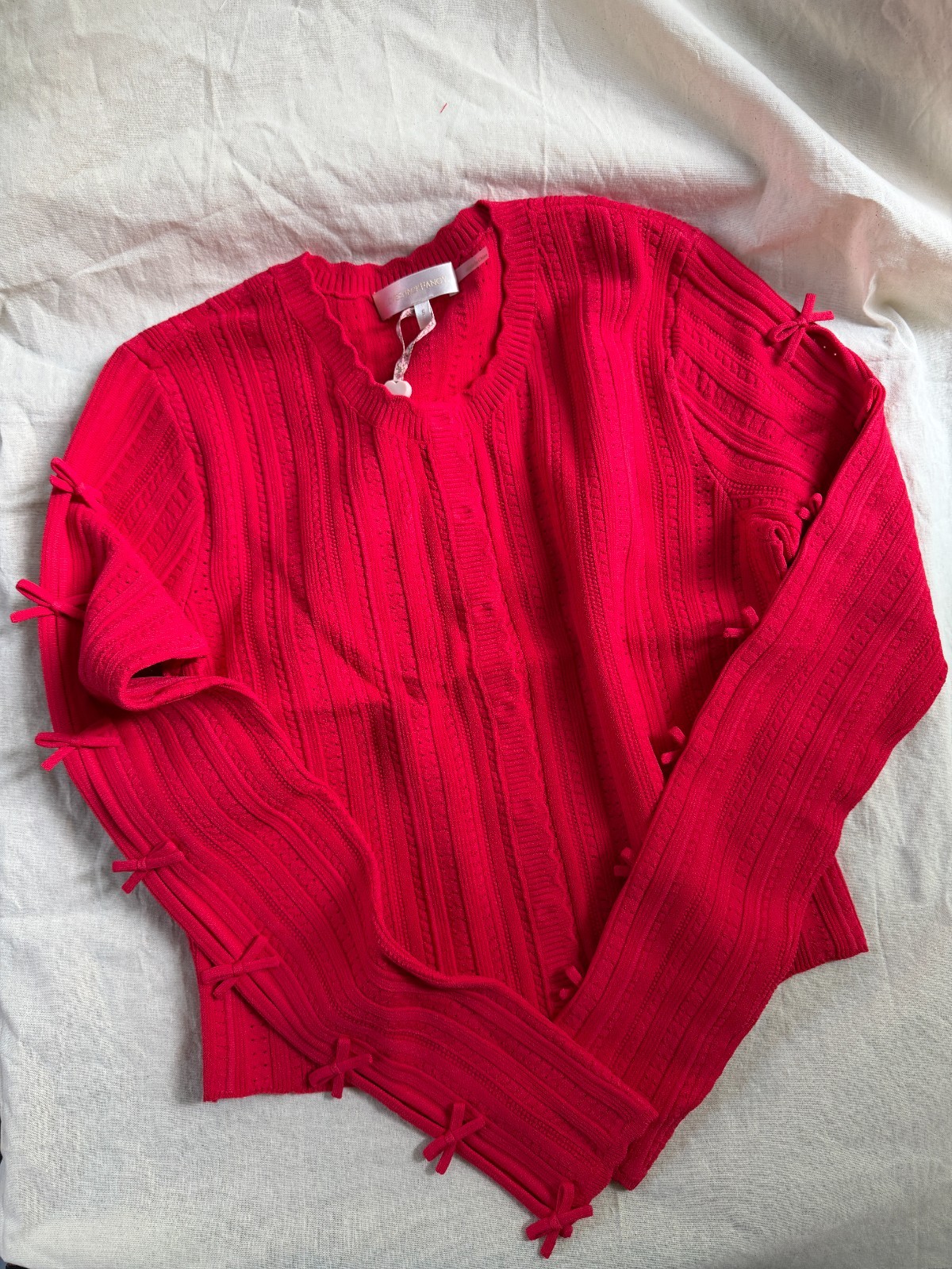 LoveShackFancy Zoriah Pointelle Cardigan in Candy Apple Red