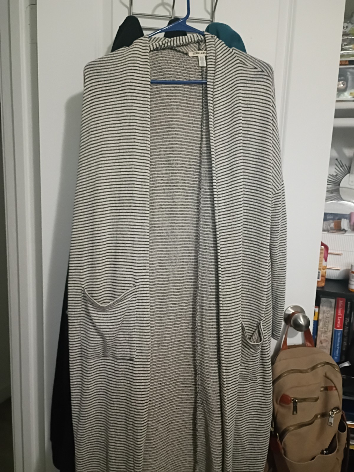 Billabong Womens Black White Striped Open Front Cardigan Sweater M Pockets