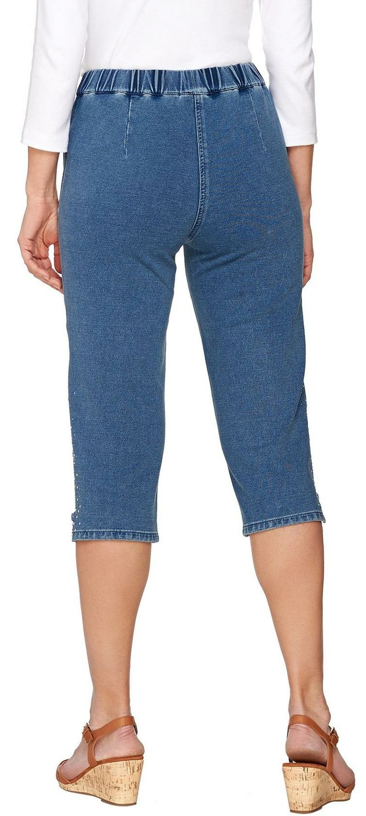 Quacker Factory DreamJeannes Knit Capri Pants W/ Zipper & Rhinestones- Denim XXS