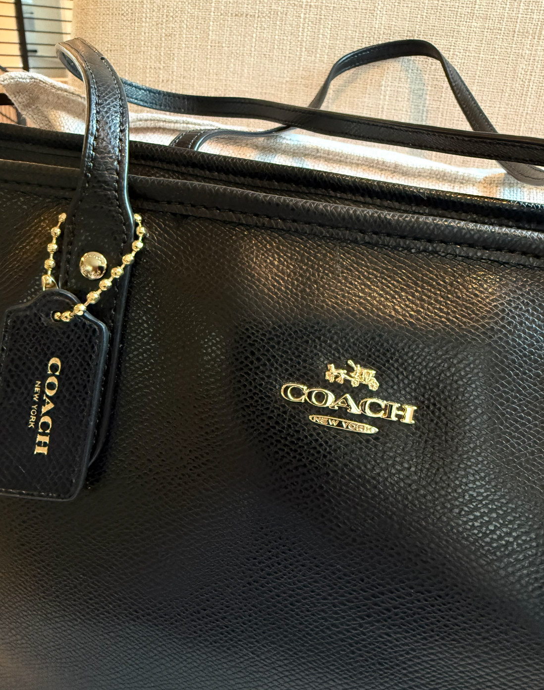 COACH Black Crossgrain Leather Tote Bag & Matching Cosmetic Pouch Case 2pc Bundl