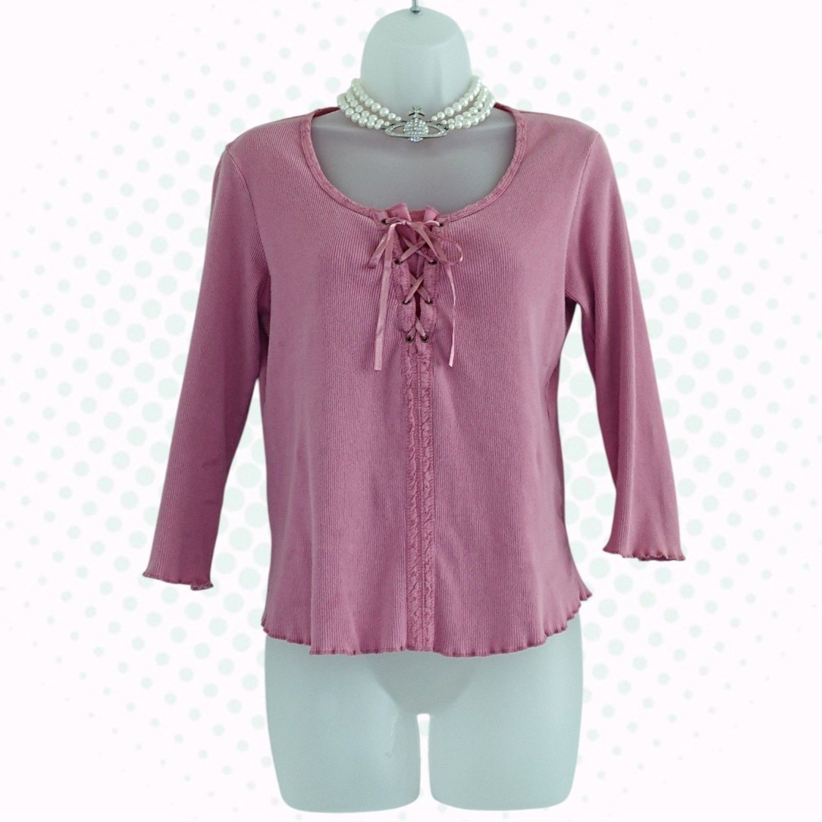Vintage Y2K Faded Glory Light Pink Lace Up 3/4 Sleeve Milkmaid Blouse Size S