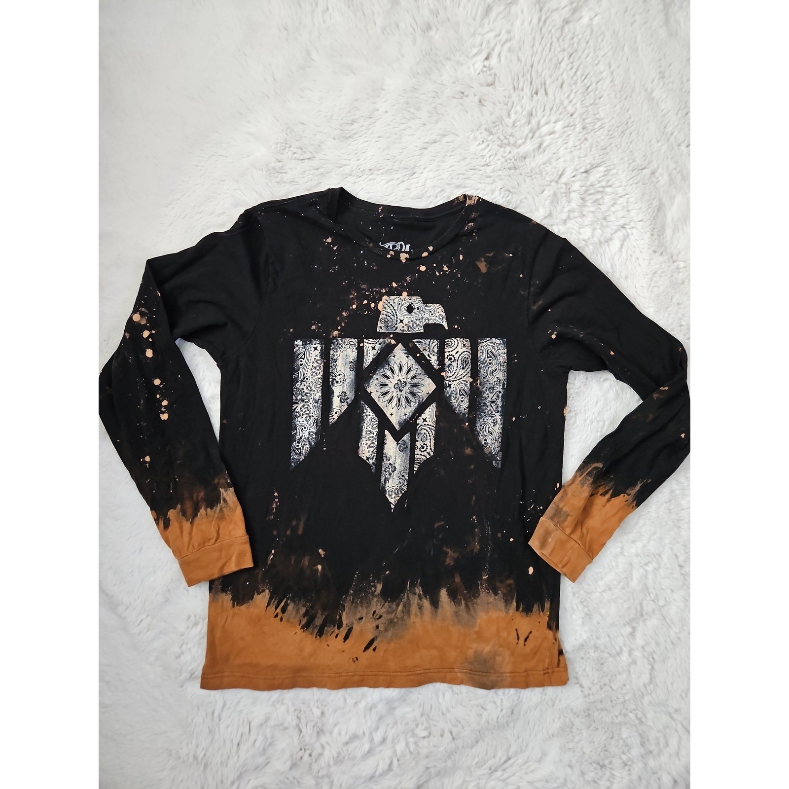One24 Rags Bleached Thunderbird Graphic Tee Large Black Orange Acid Wash Grunge