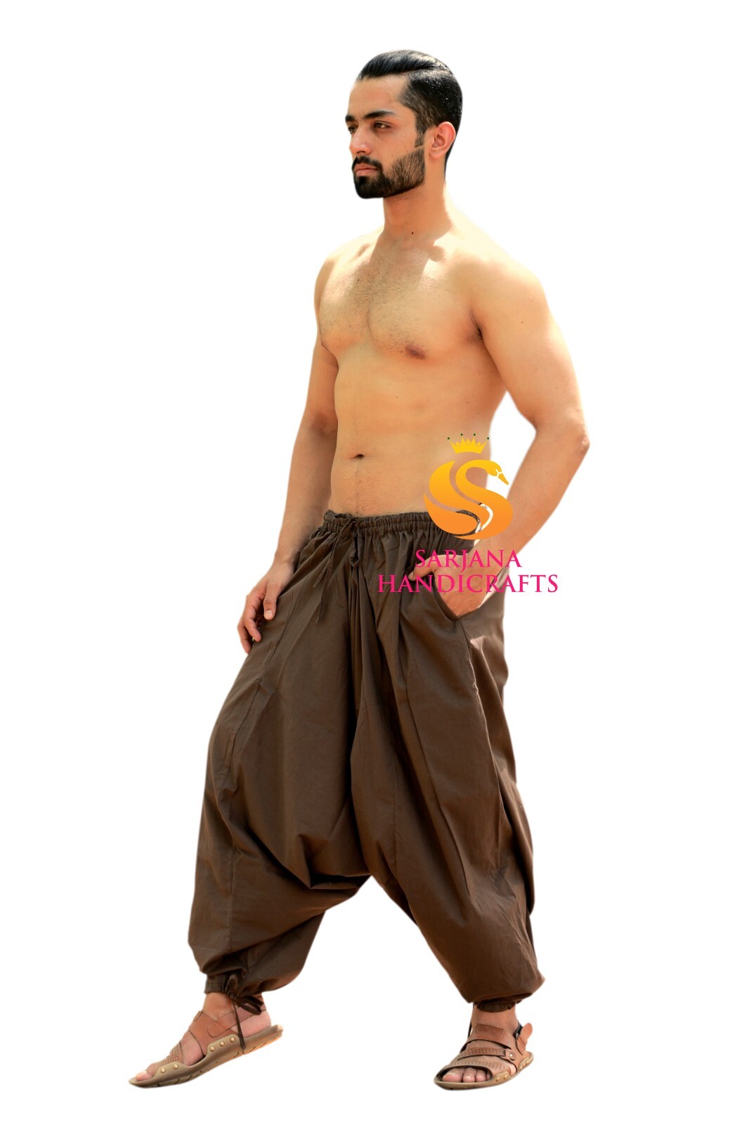 Men Women Cotton Solid Brown Harem Pants Gypsy Hippie Drop Crotch Trouser Genie