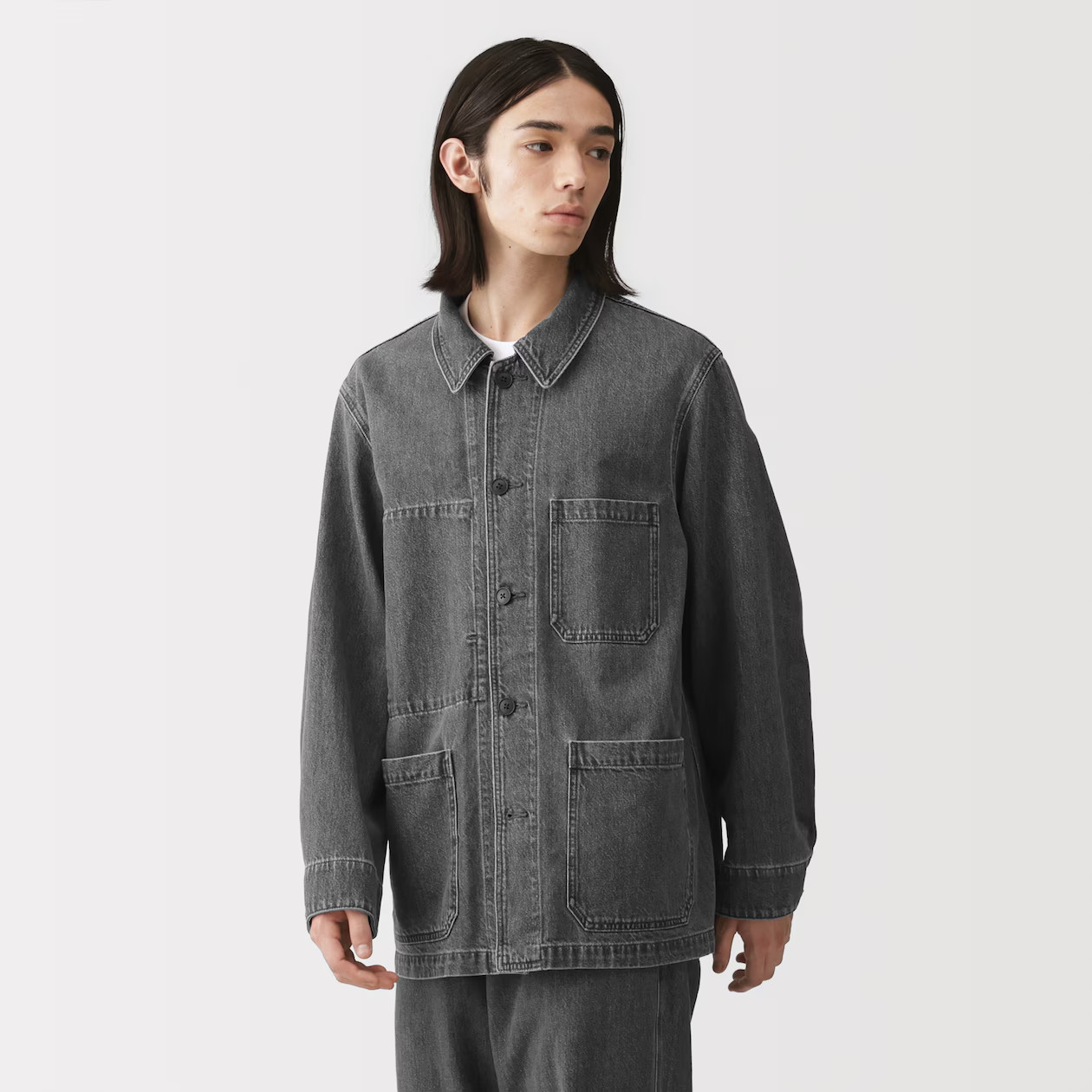 MUJI Mens Organic Cotton Kapok Denim Coverall Jacket Medium Gray FedEx