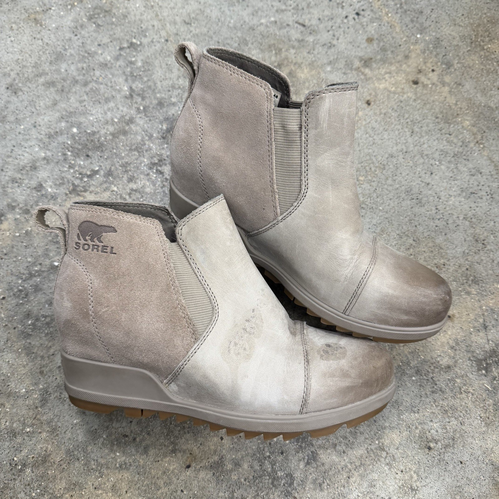 SOREL Evie Pull-On Sz 6 Omega Taupe Waterproof Leather Suede Ankle Boot