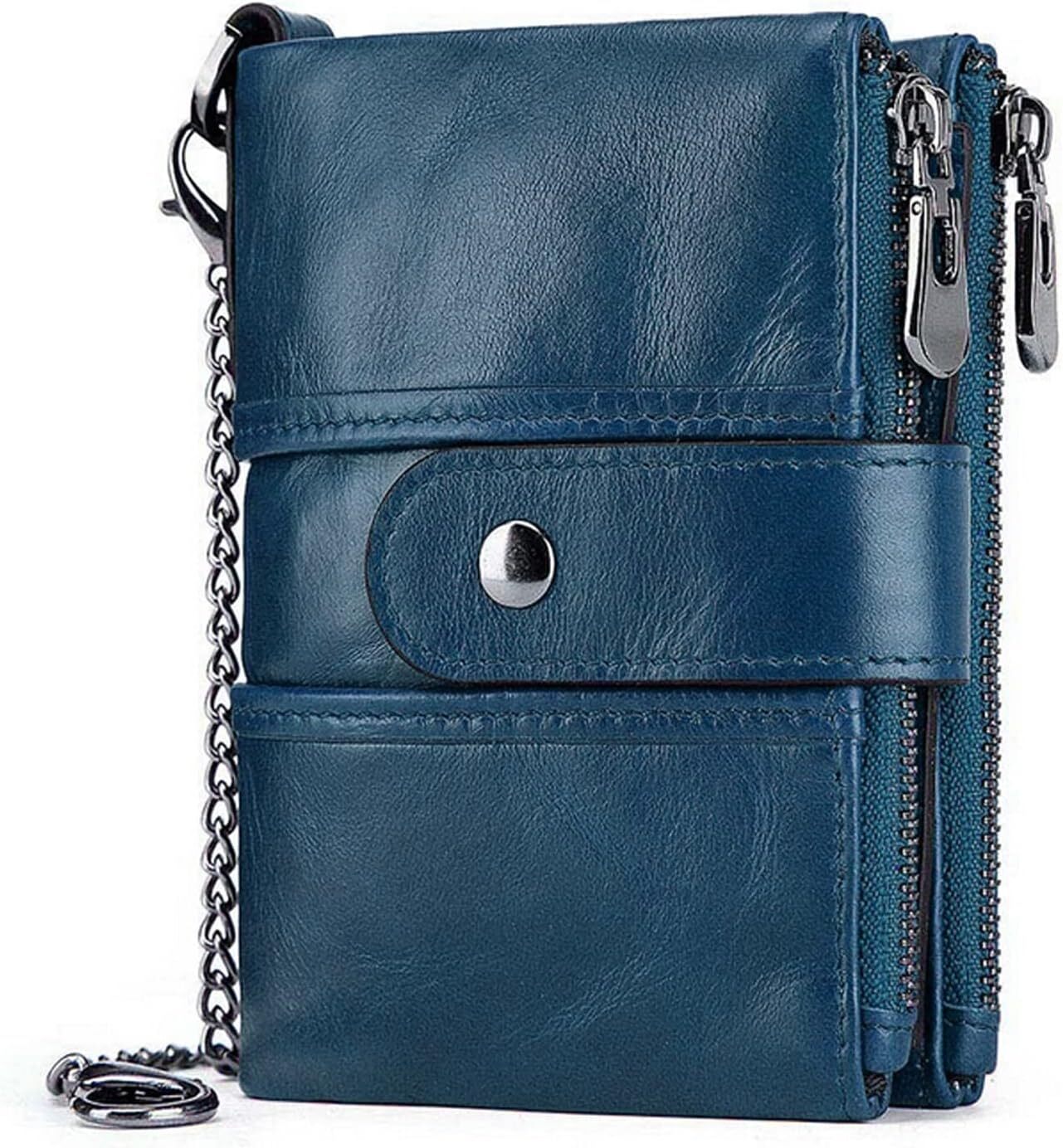 Real Leather Bifold Wallets for Men Double Zip Coin Pocket Purse with Chain