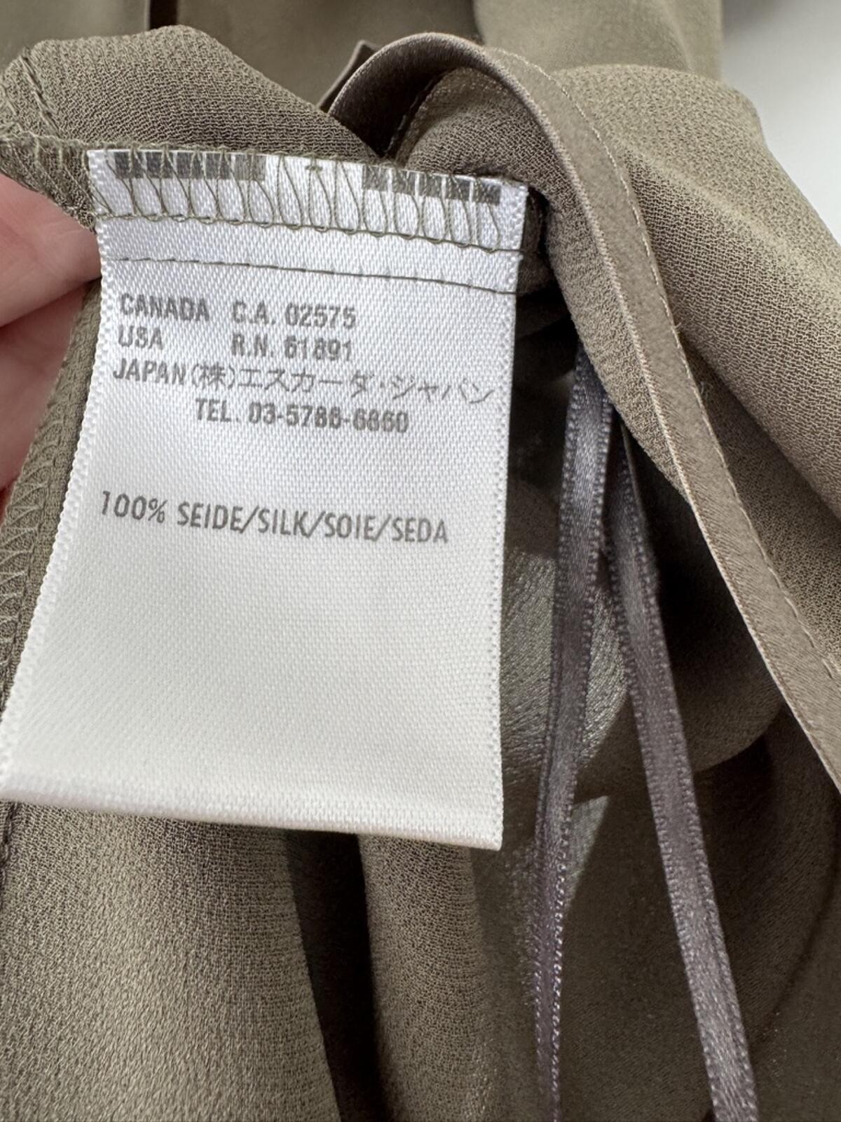 Escada Silk Sheer Olive Flutter Sleeve Tie-Neck Blouse