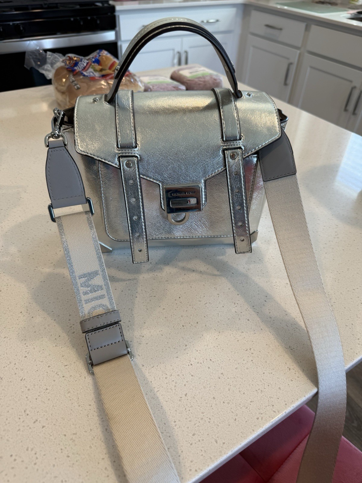 Michael Kors Metallic Silver Leather Satchel Logo Strap Crossbody Purse Bag