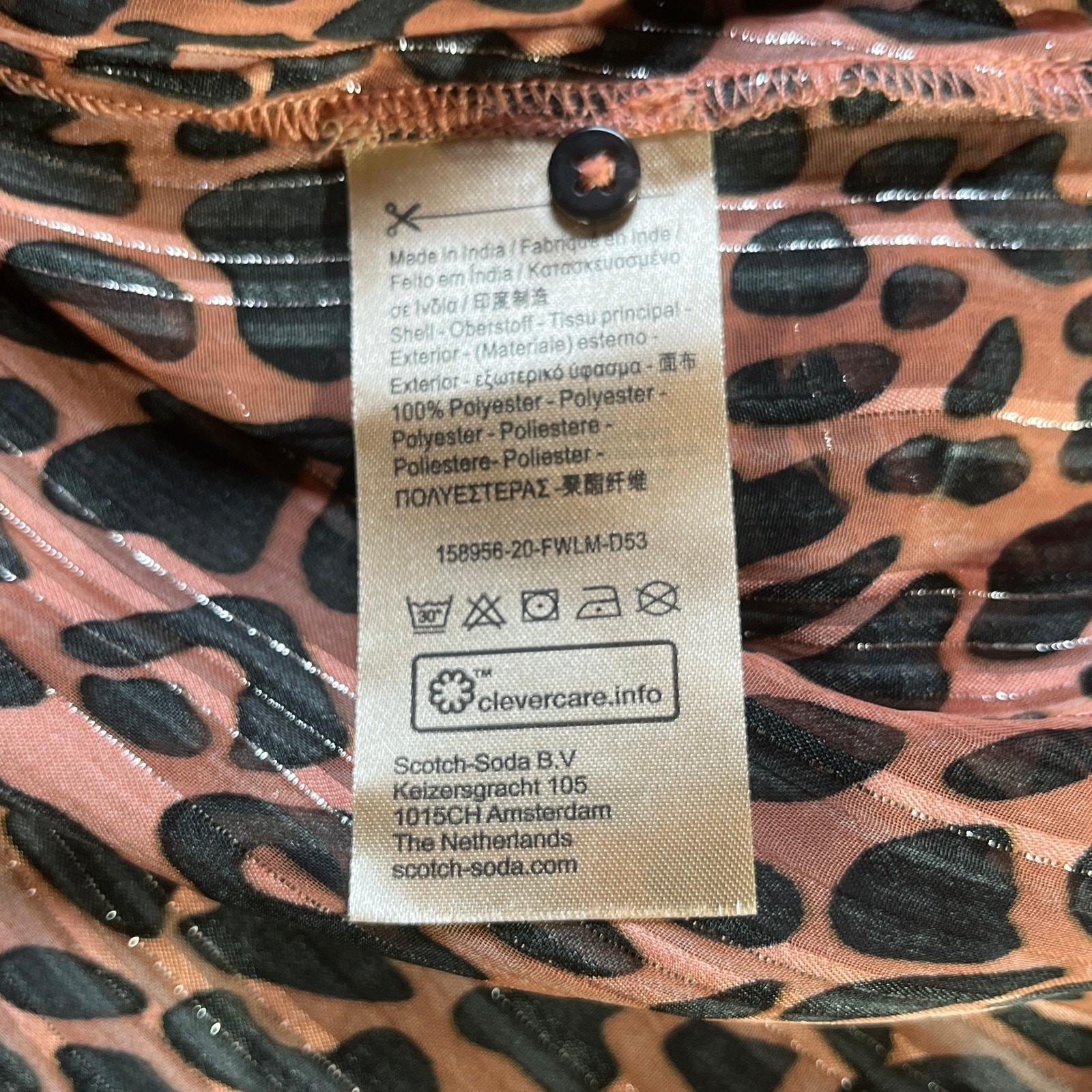 Scotch & Soda Blouse Womens XS Brown Black Leopard Long Sleeve Smocked Casual