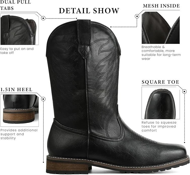 femflame Cowboy Boots for Men Square Toe Embroidered Mens Cowboy Boots Distresse