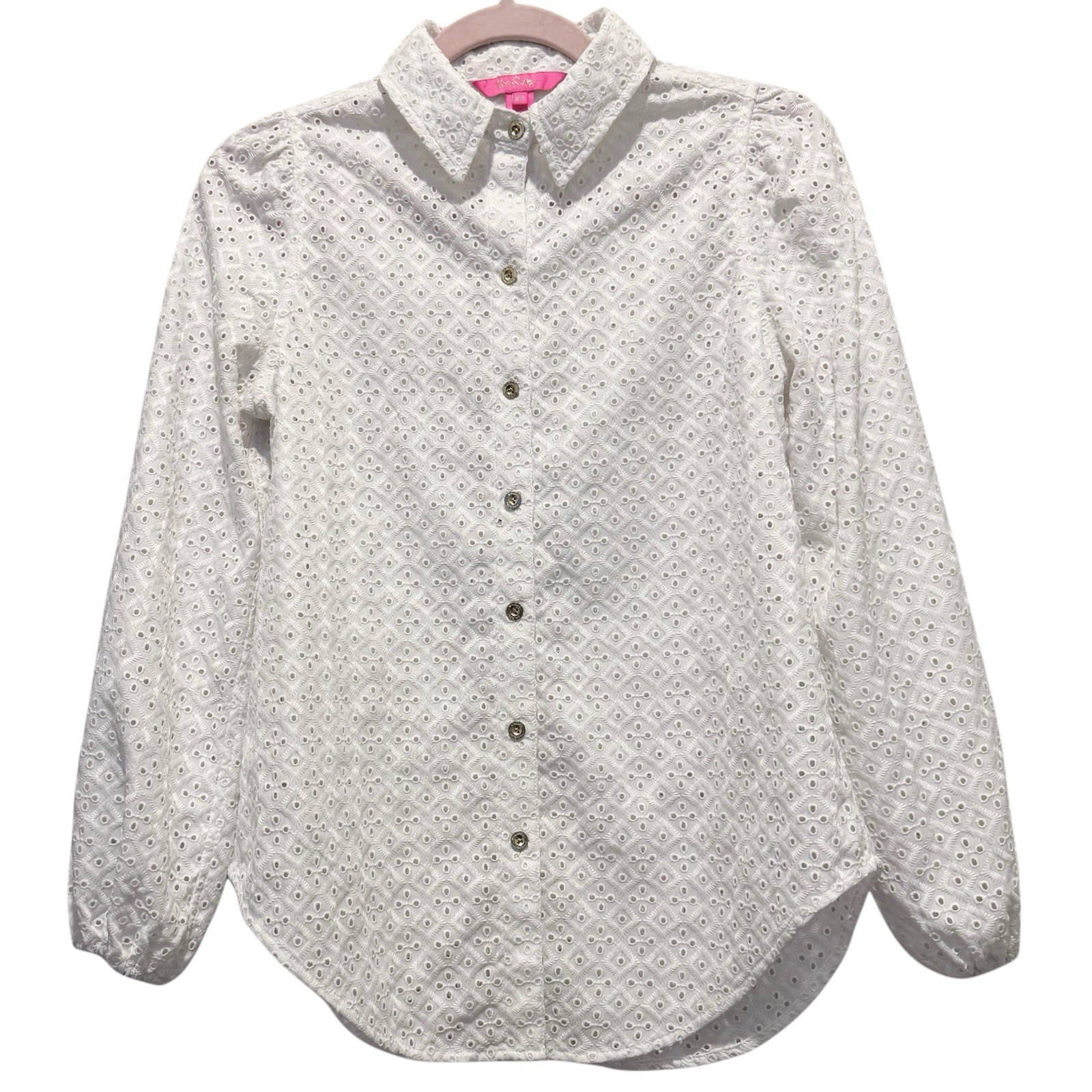 Lilly Pulitzer White Sea View Eyelet Gold Puff Sleeve Button Down Size XS