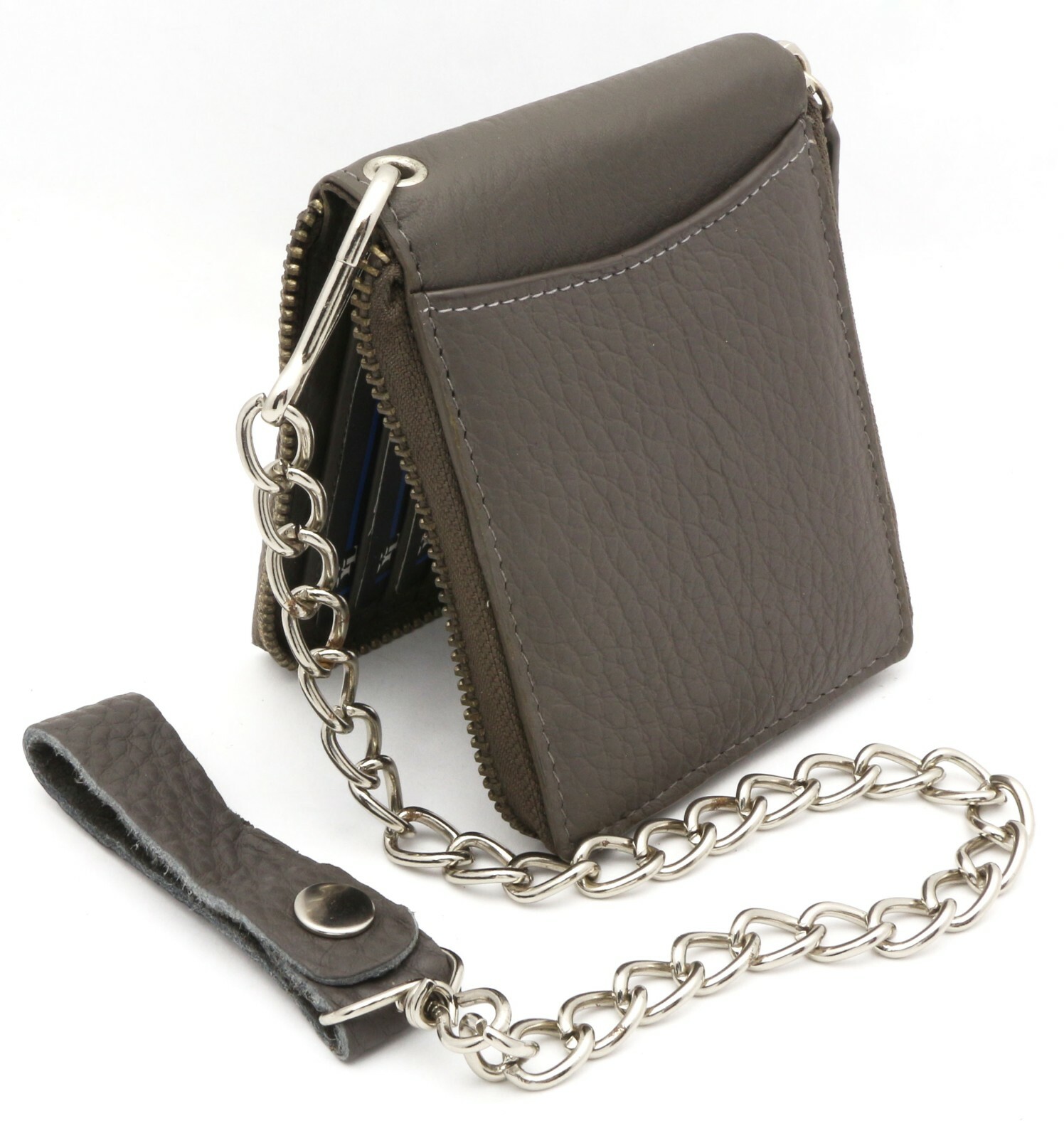 Bifold Gray Genuine Leather Scale Texture Zip-Around Wallet with a Chain