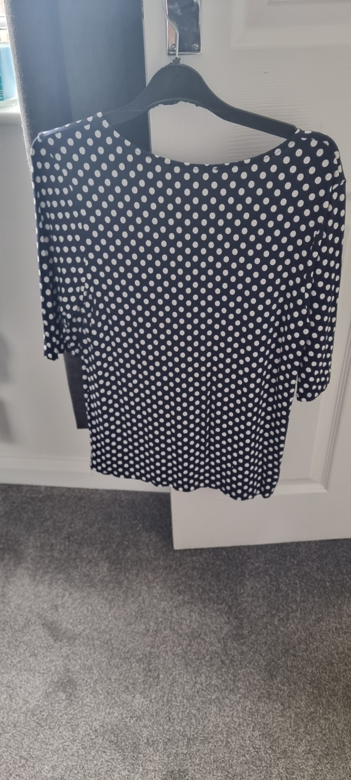 Navy Blue & White Polka Dot 3/4 Sleeve Top with Bow Detail