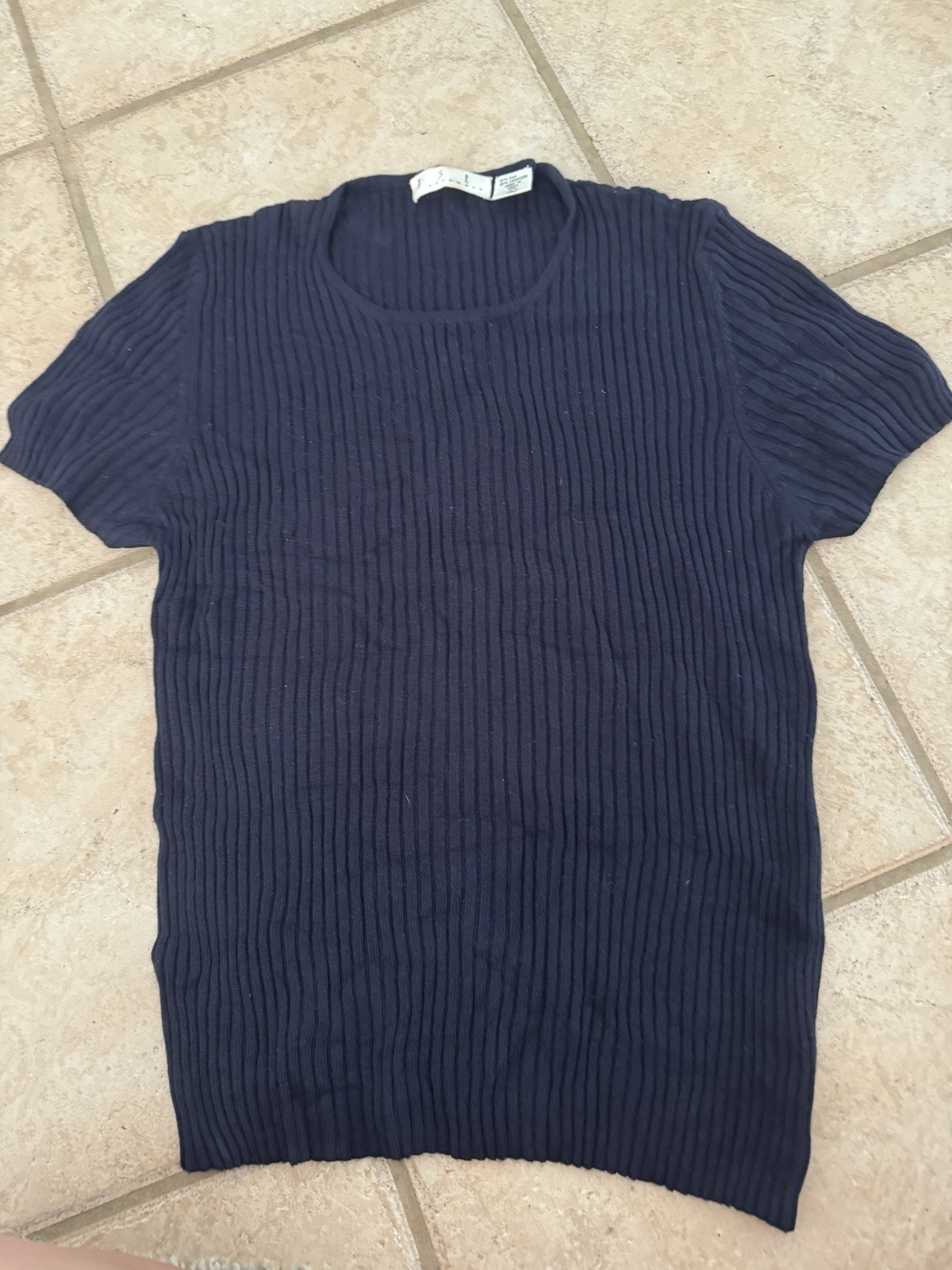 TSE Size L Navy Blue Cashmere Silk Short Sleeve Ribbed Pullover Shirt