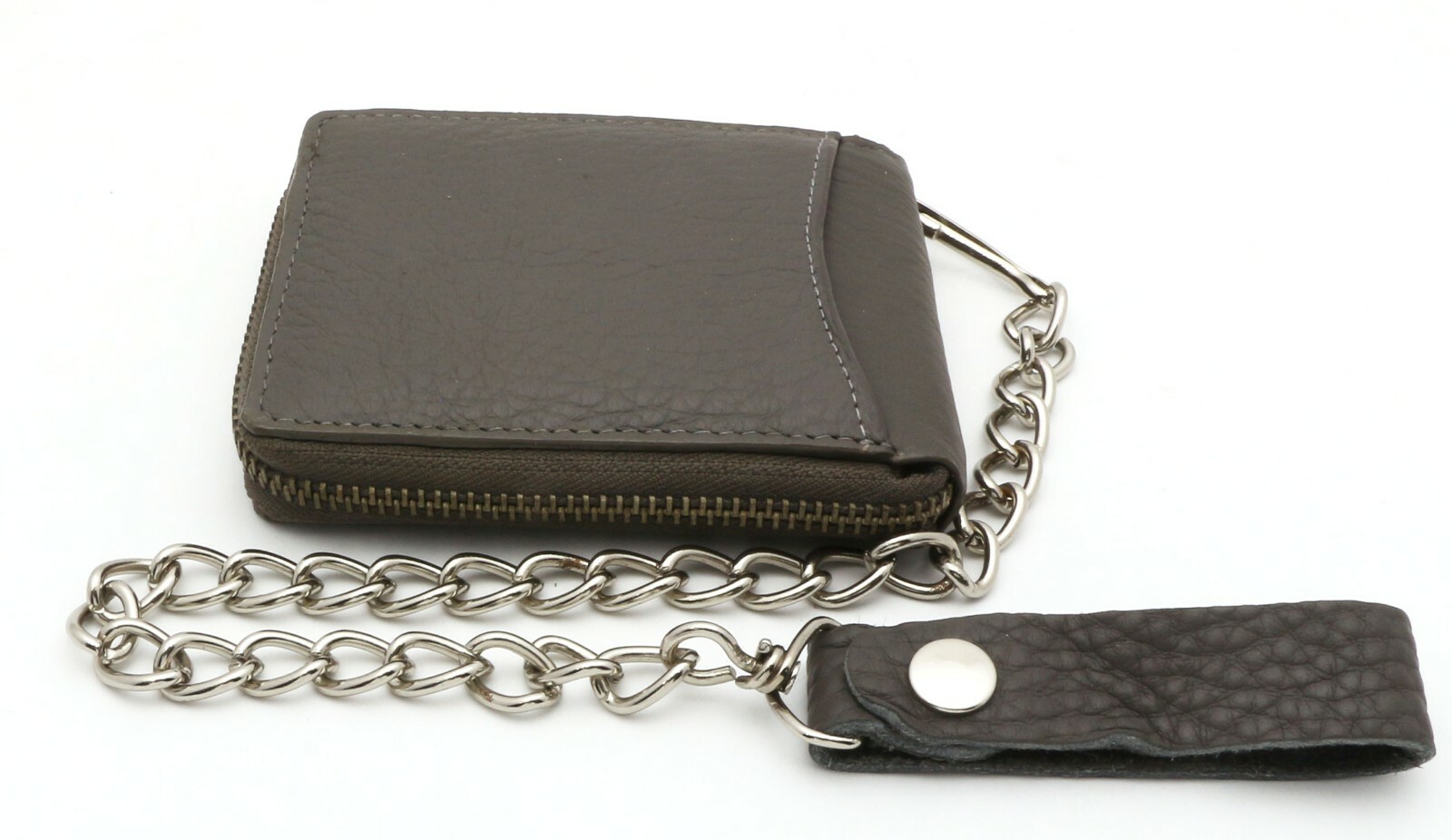 Bifold Gray Genuine Leather Scale Texture Zip-Around Wallet with a Chain