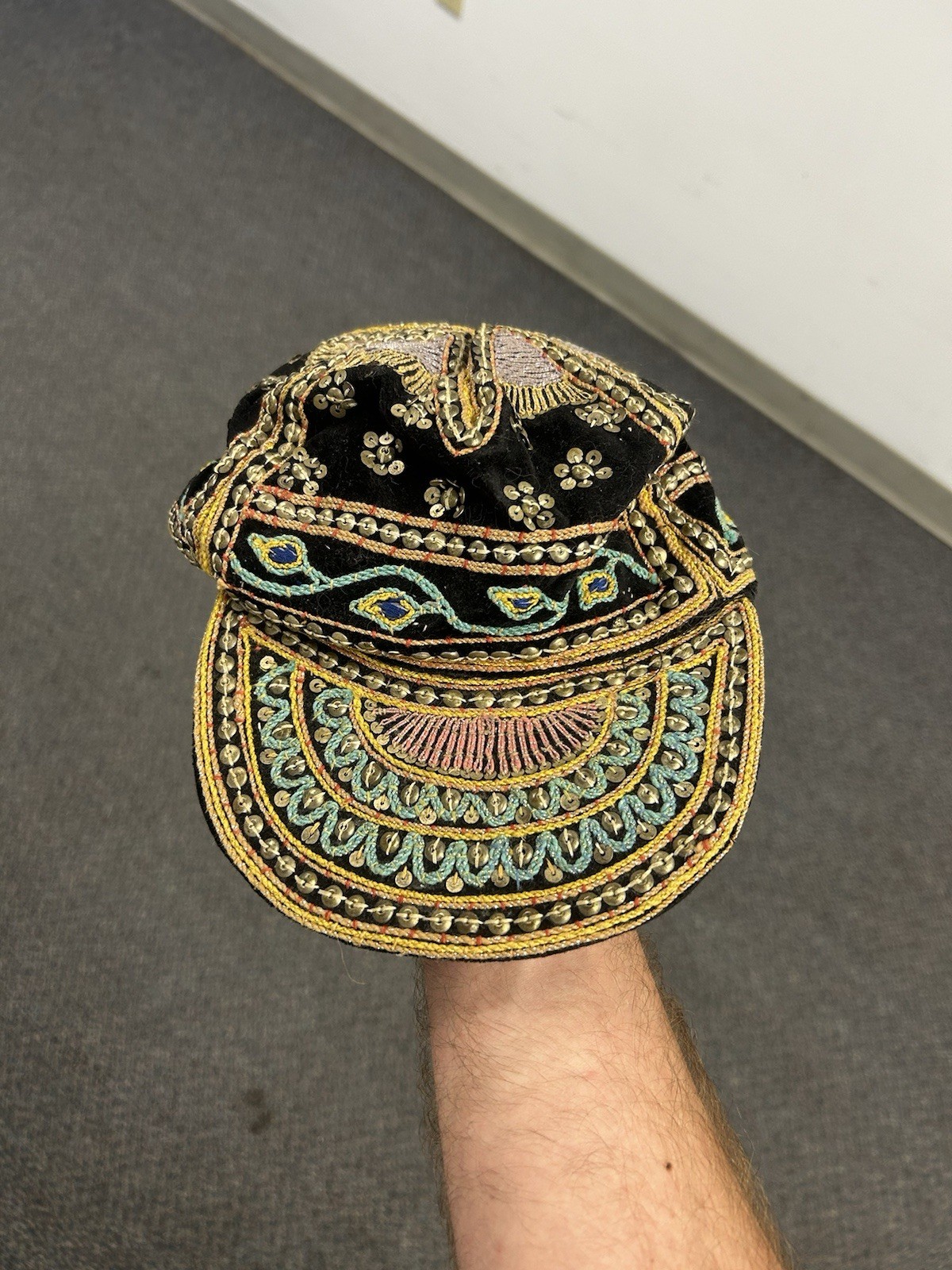 Vintage Myanmar Burma Beaded Embroidered Velvet Hand Made Cap Black & Gold
