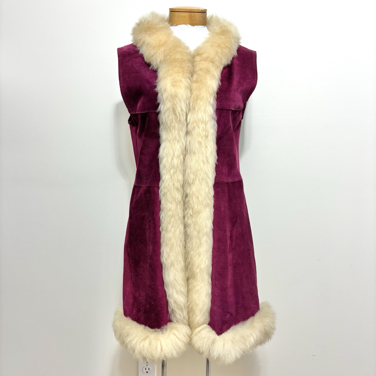 Vtg 60s 70s Penny Lane Burgundy Suede & Lamb Shearling Vest Hippie Afghan Coat S