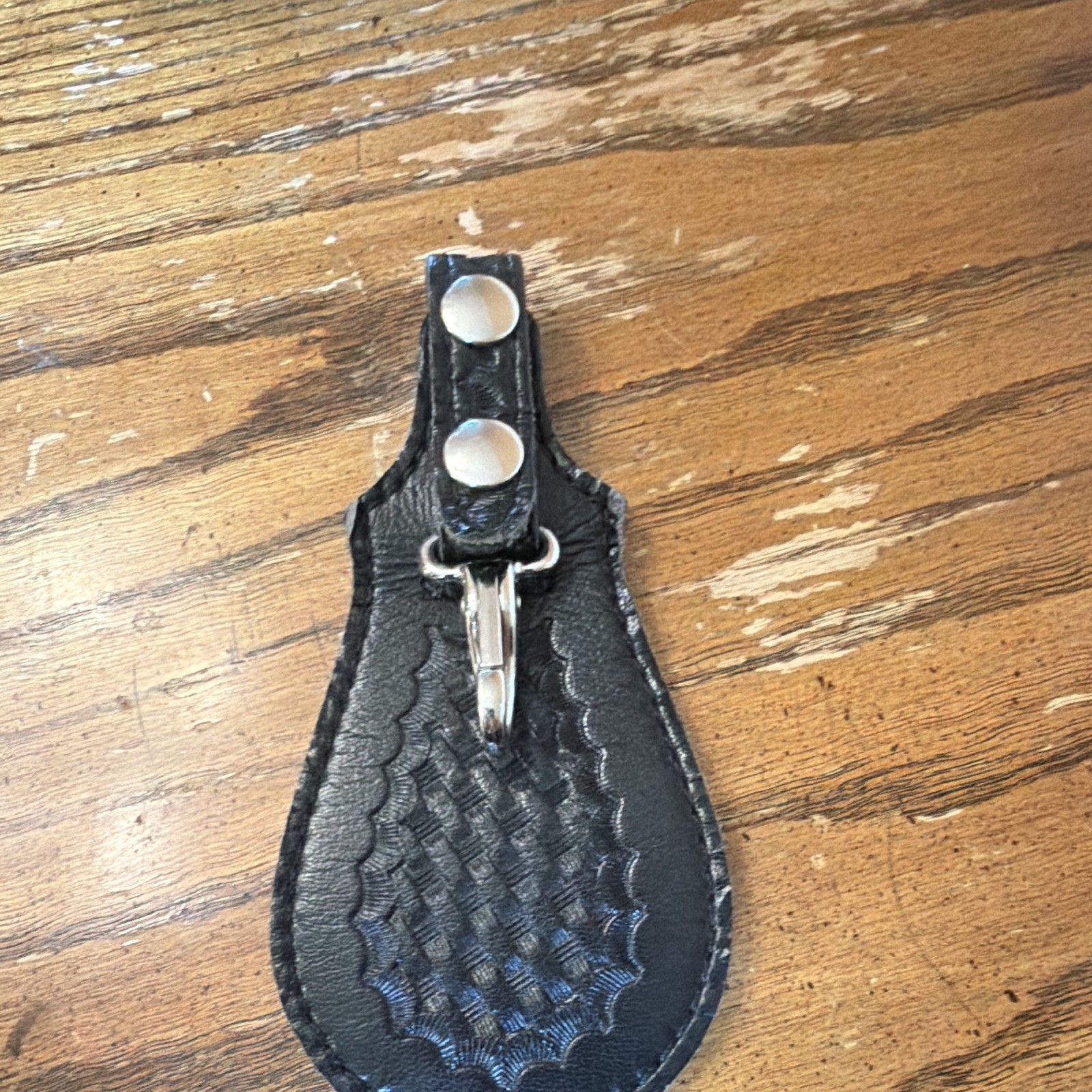 Black Leather Key Holder with Snap Closure, Metal Clip & Studded Accents