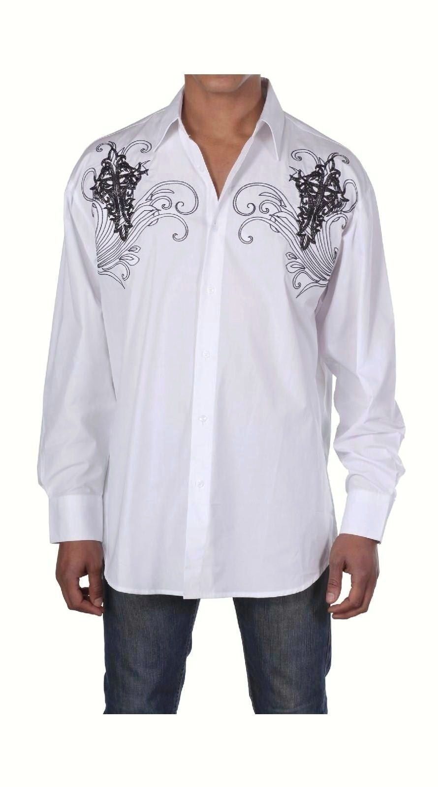 Men’s Western Cotton Embroidered Casual Shirt #42 Black White & Red