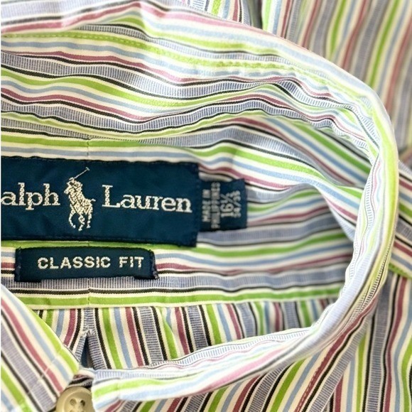 Ralph Lauren Men’s Multi-Stripe Button-Down Shirt 16.5 -34/35 Green/Purple/White