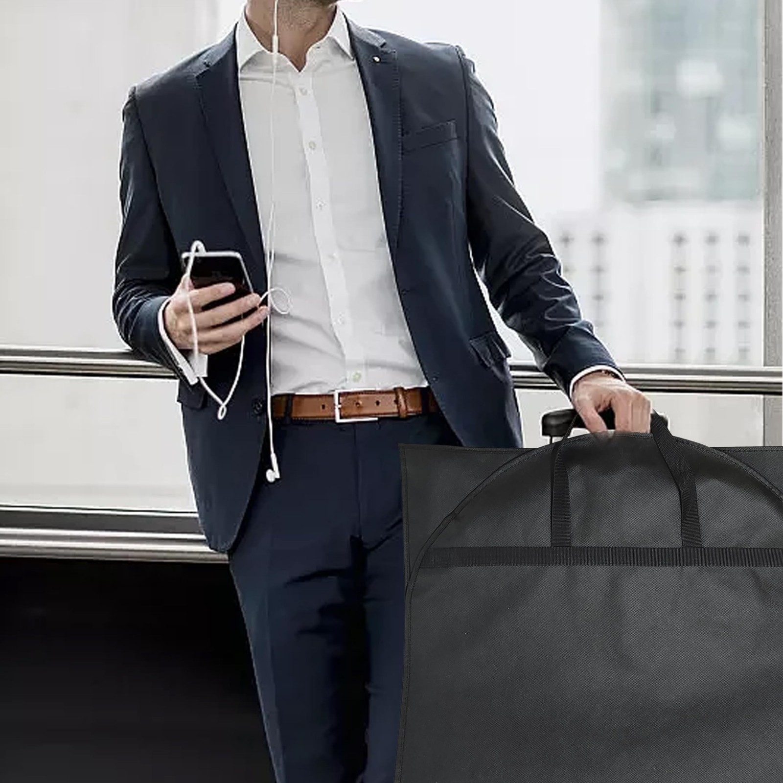 4 Pcs Black Portable Men’s Business Travel Suit Bags，Waterproof Sturdy Ha