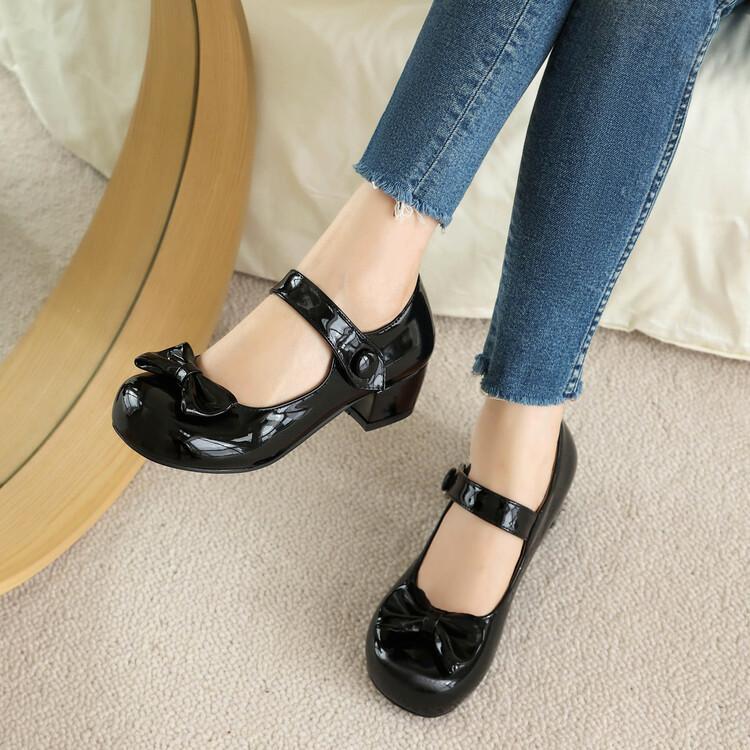 Womens Patent Leather Round Toe Bownot Mary Janes Shoes Ankle Strap Pumps Sweet