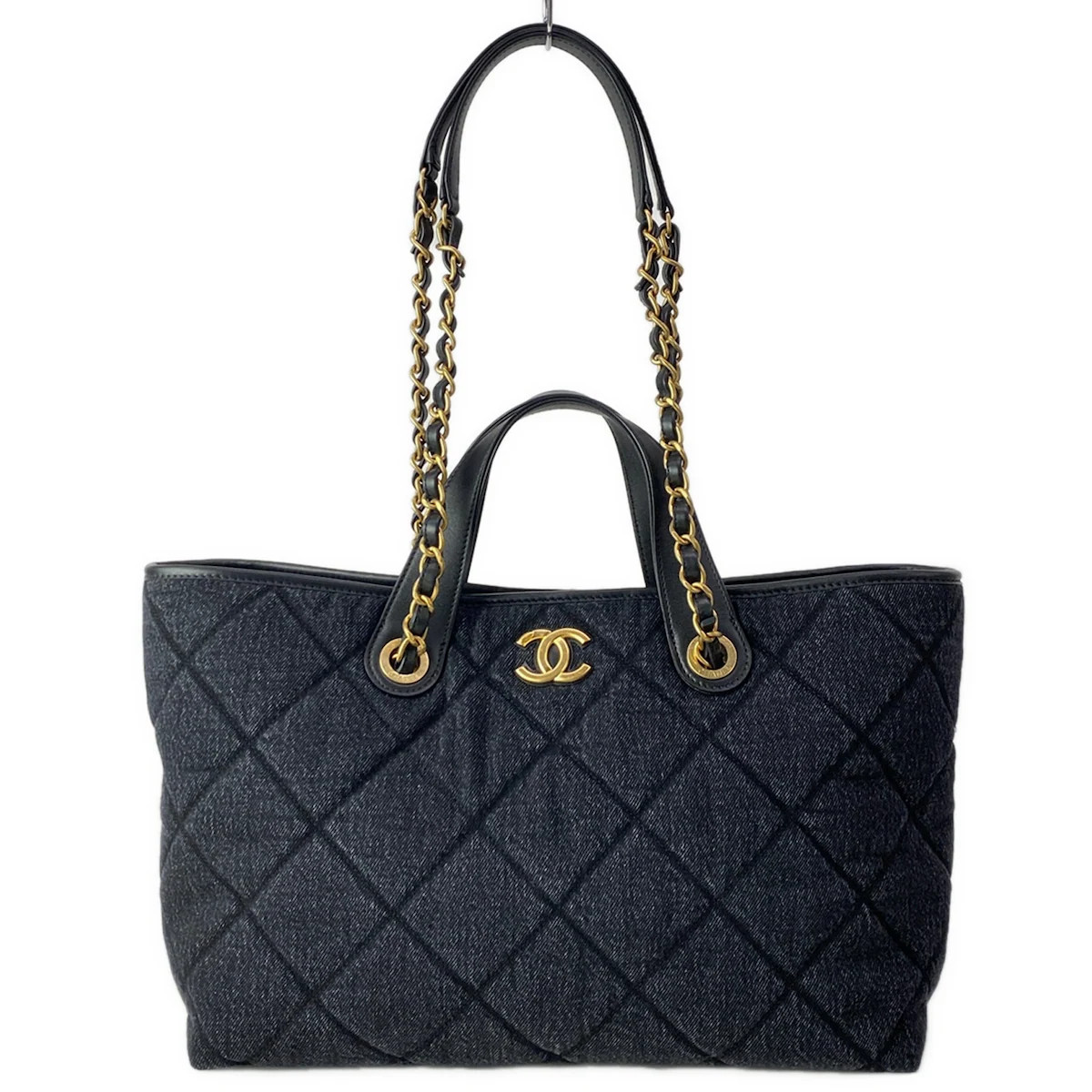 CHANEL Deauville Cavatort AS6007 Black Denim Leather Tote Bag gold hardware