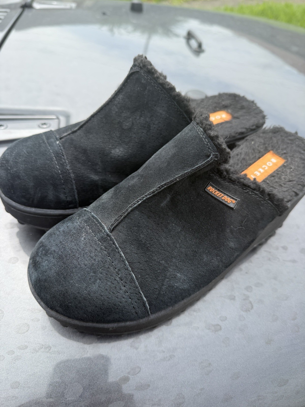 Rocket Dog Womens 9 Black Suede Faux Fur Sherpa Lined Chunky Platform Clogs
