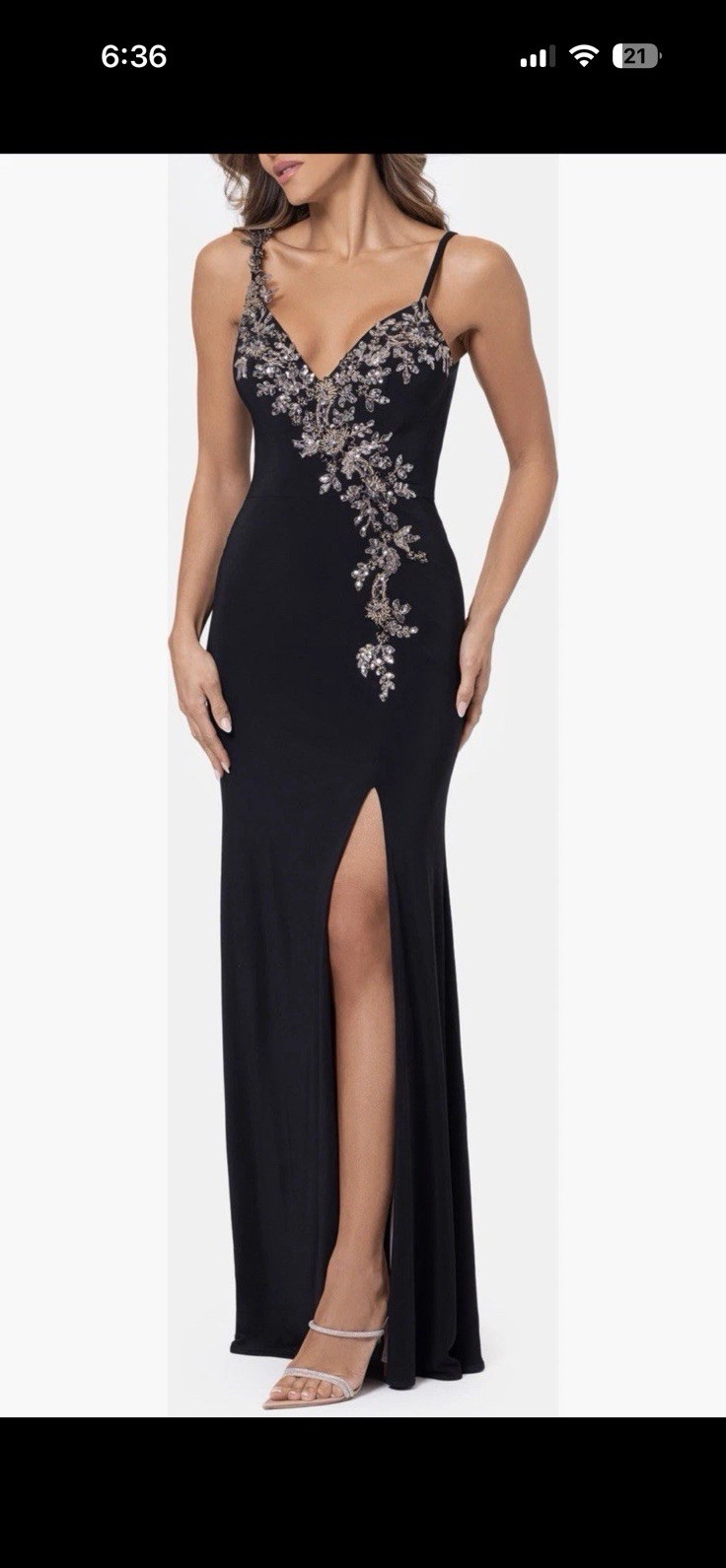 Xscape Size 12 Black Long Sheath V-Neck Spaghetti Strap Floral Beaded Slit