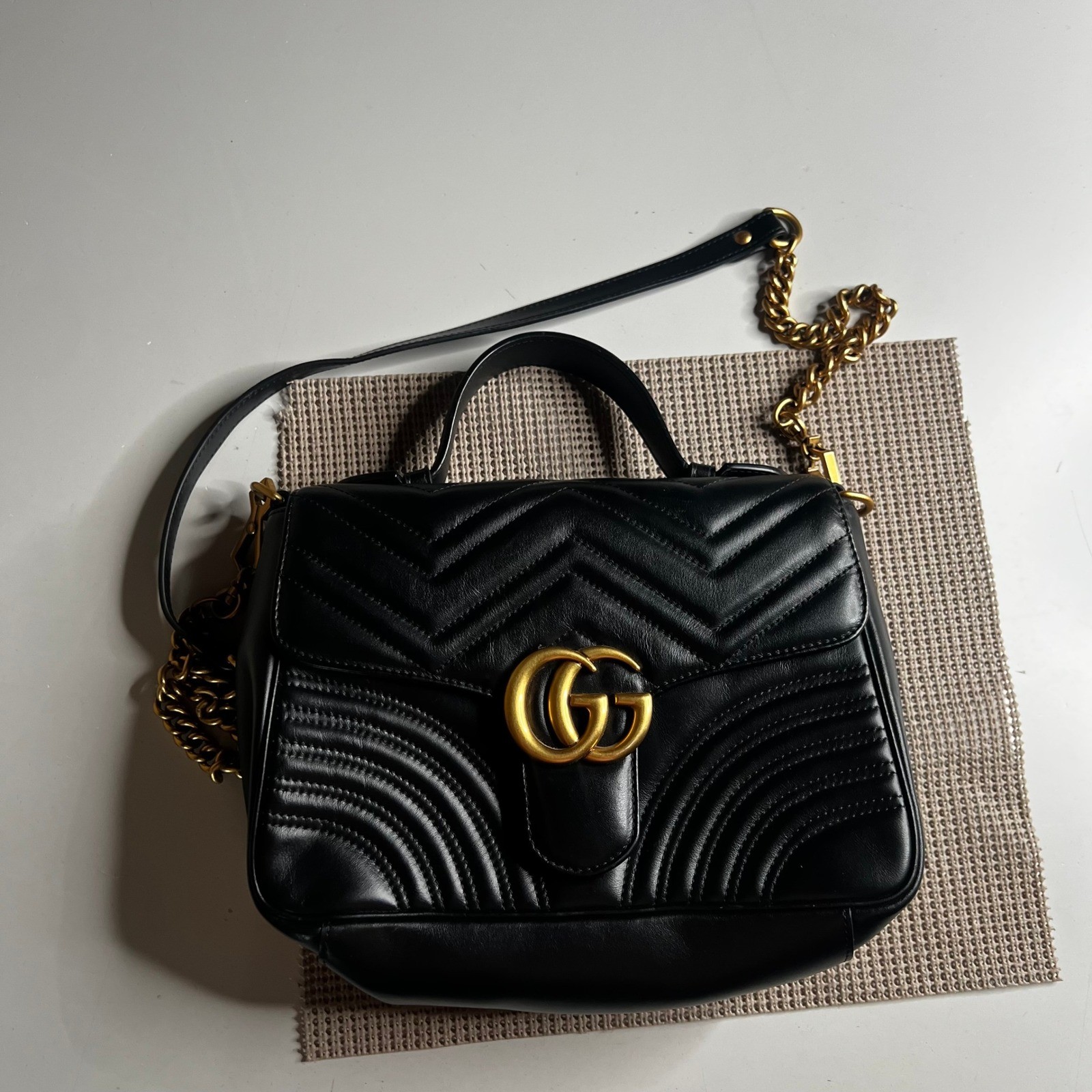 Gucci GG Marmont Matelasse Black Leather Top Handle Bag 498110 Small