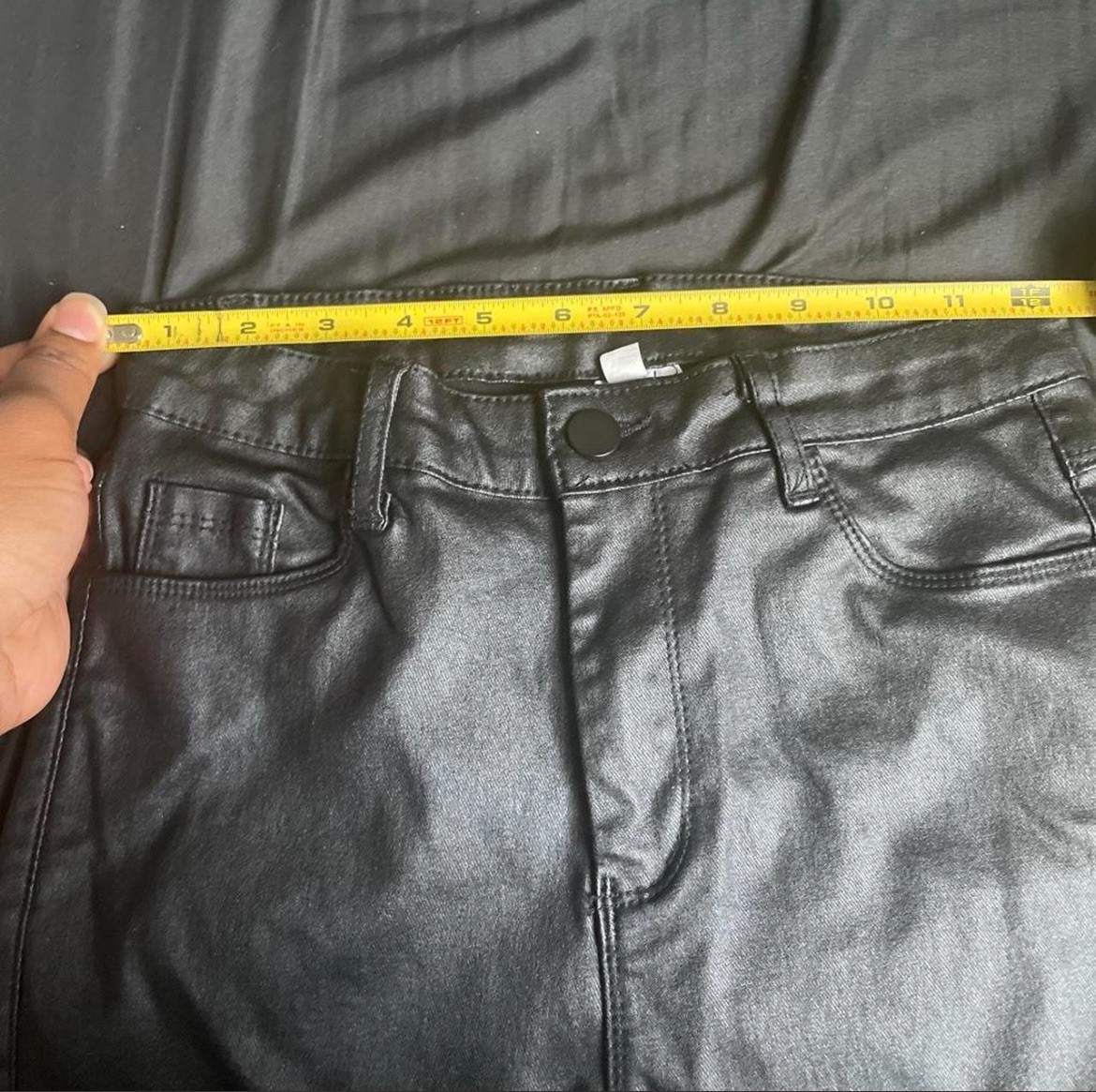 Black Faux Leather Pants M Regular Flared Mid Rise Pockets Button Flat Front