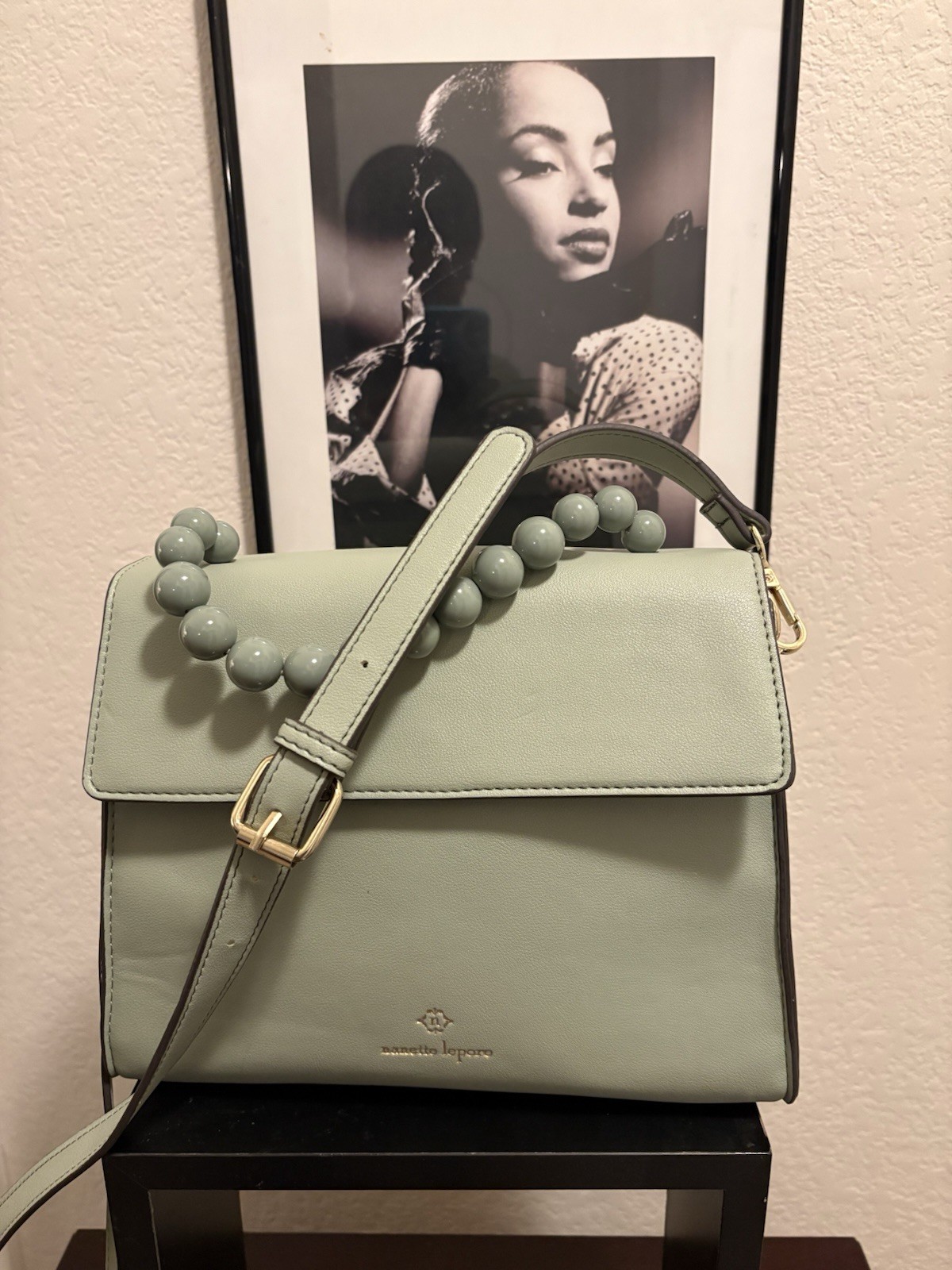 Nanette Lepore Sea Foam Green Beaded Handle Crossbody Satchel Vegan Leather