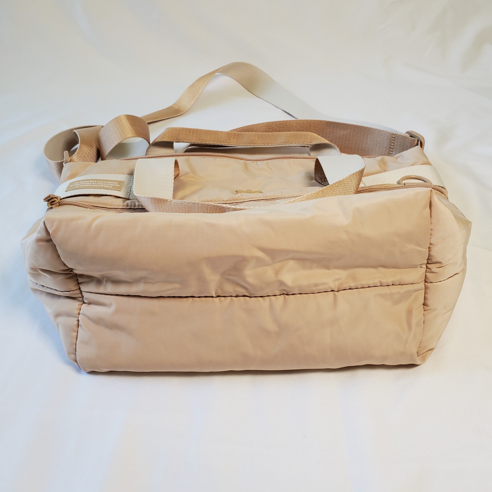 Adidas Stylish Sport Shopper Tote Puffer Travel Gym Bag Tan Beige Zip Top Purse