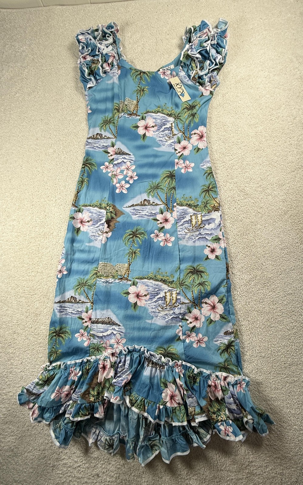 KY’S Hawaii Muumuu Dress Womens M Blue Floral Cotton Sundress Ruffle Hawaii