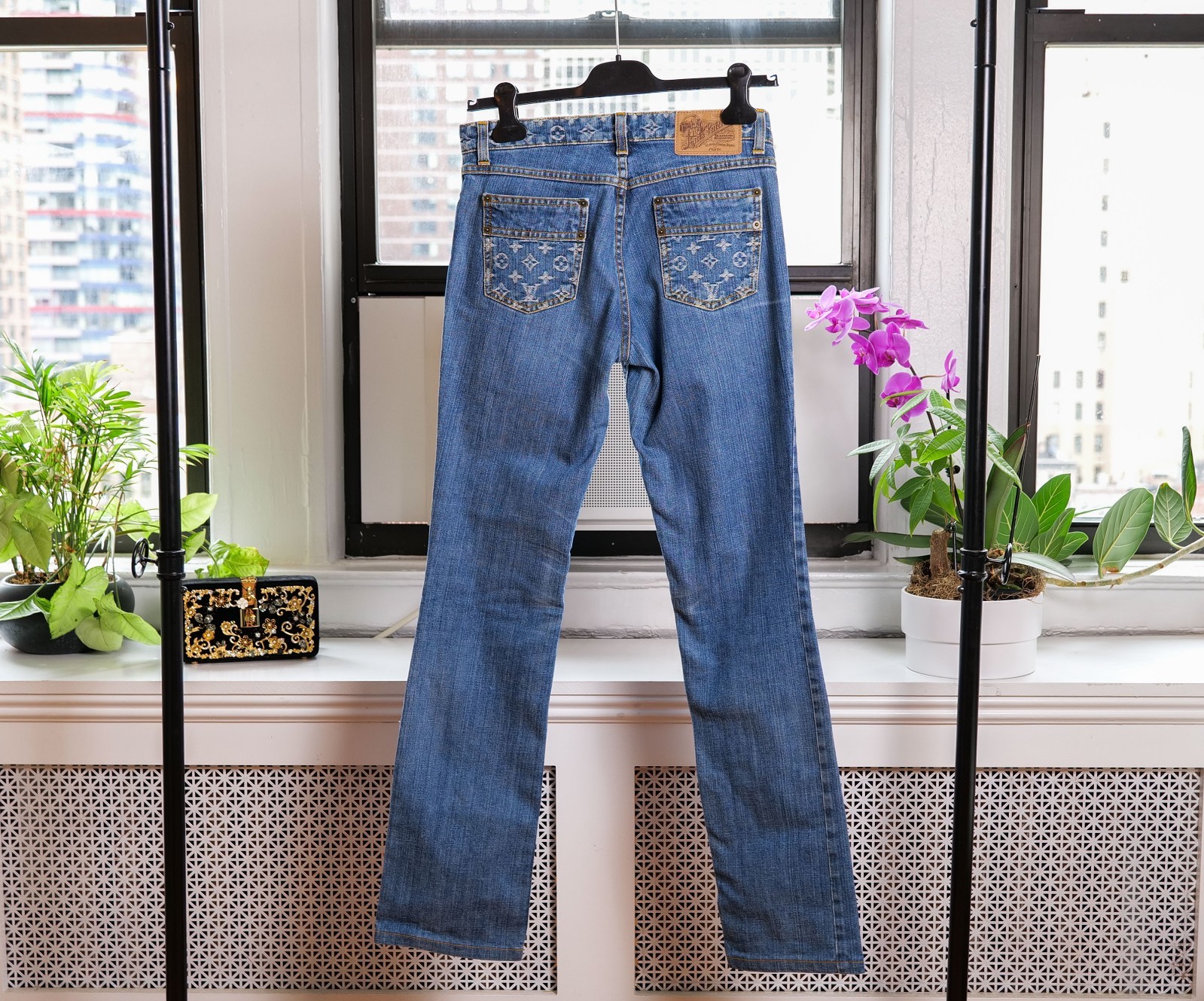 Louis Vuitton Blue Monogram Jacquard Trim Denim Jeans (Size FR38)
