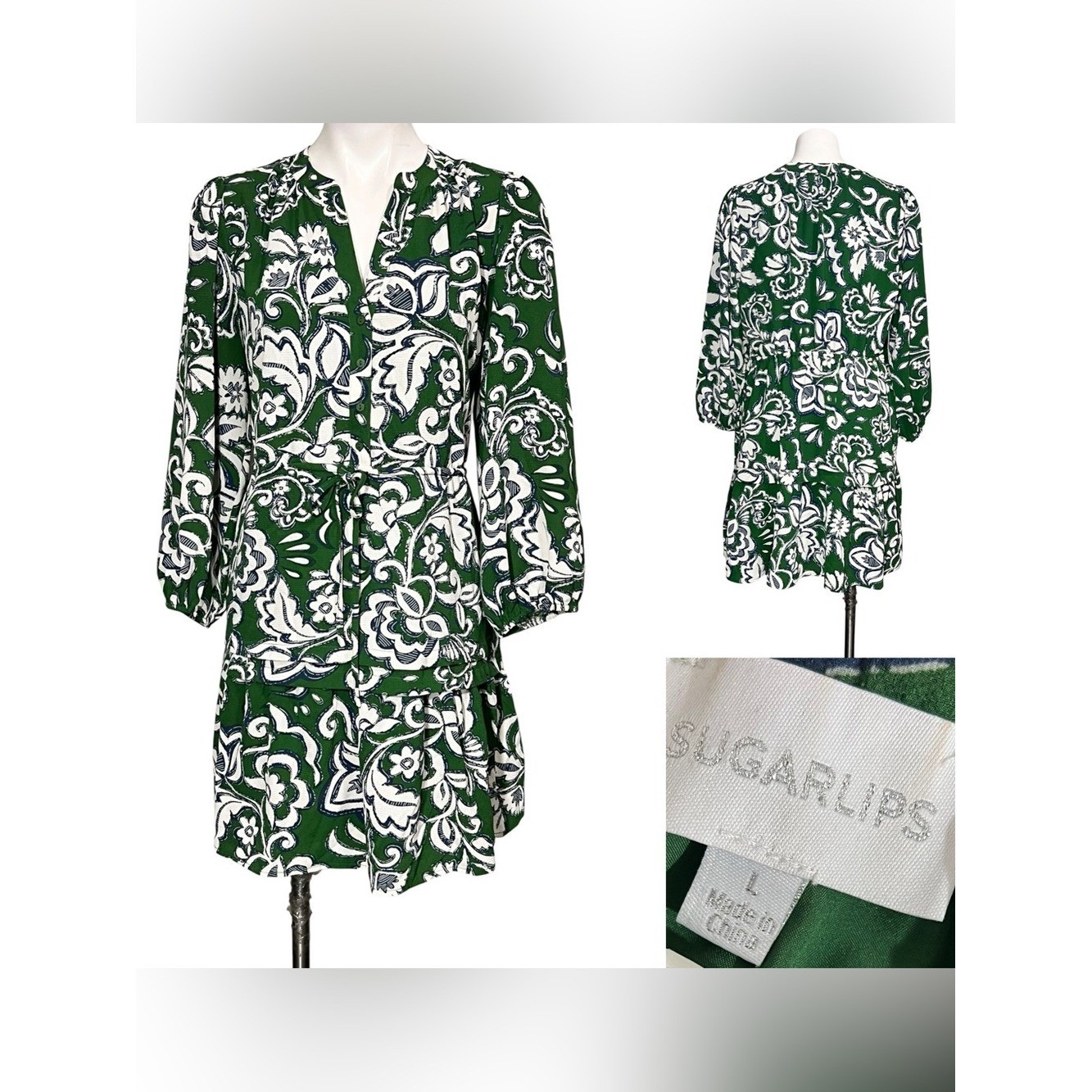 Sugarlips dress sz L Green/White Floral long sleeve fall office casual