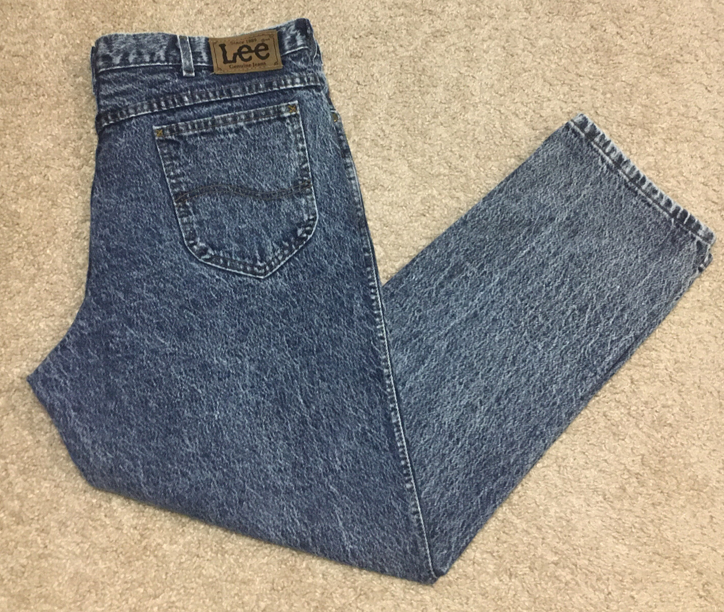 Vintage Lee Stone Washed Blue Jeans 38×29.5” (tag 38×30) USA Made Nice!!