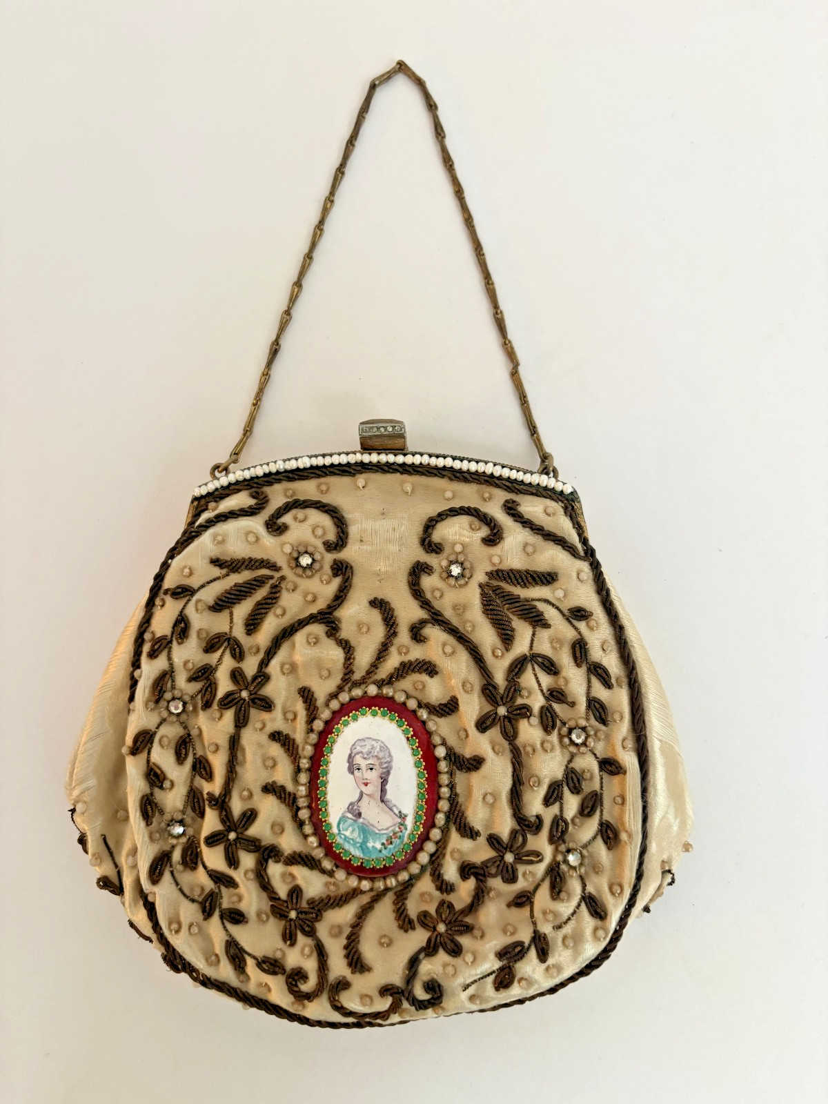 French Victorian Cameo TRINITY BAG Copper Beaded w/Pearls/Copper Metallic Thread
