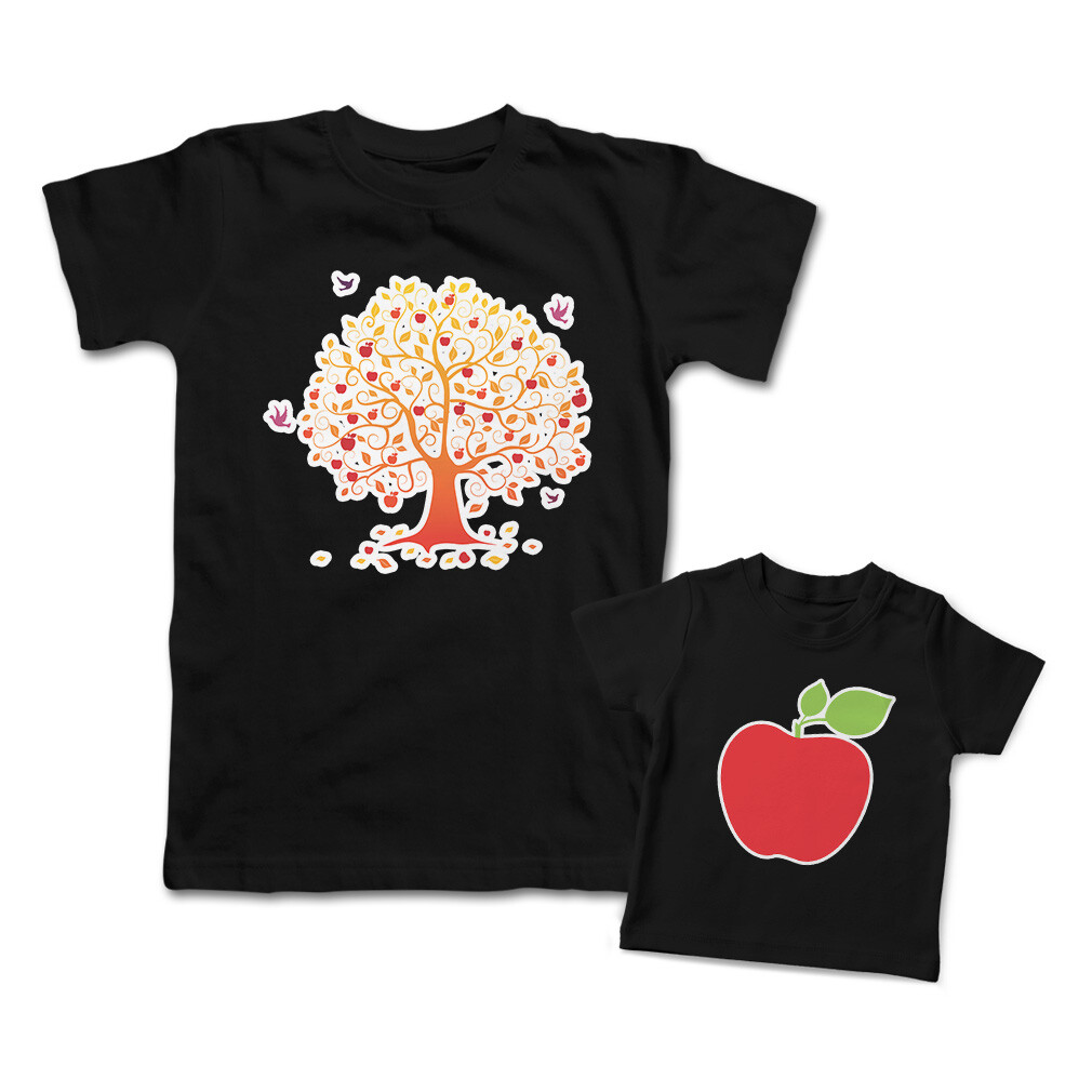 Fruit Mommy and Me Outfits Apple Red Fruit Tree with Birds Cotton Match Clothes