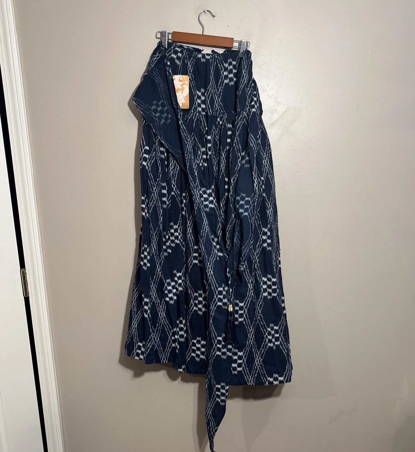 Soft Surroundings Batik Tassel Flowy Boho Maxi Skirt Blue White Tall Medium NWT