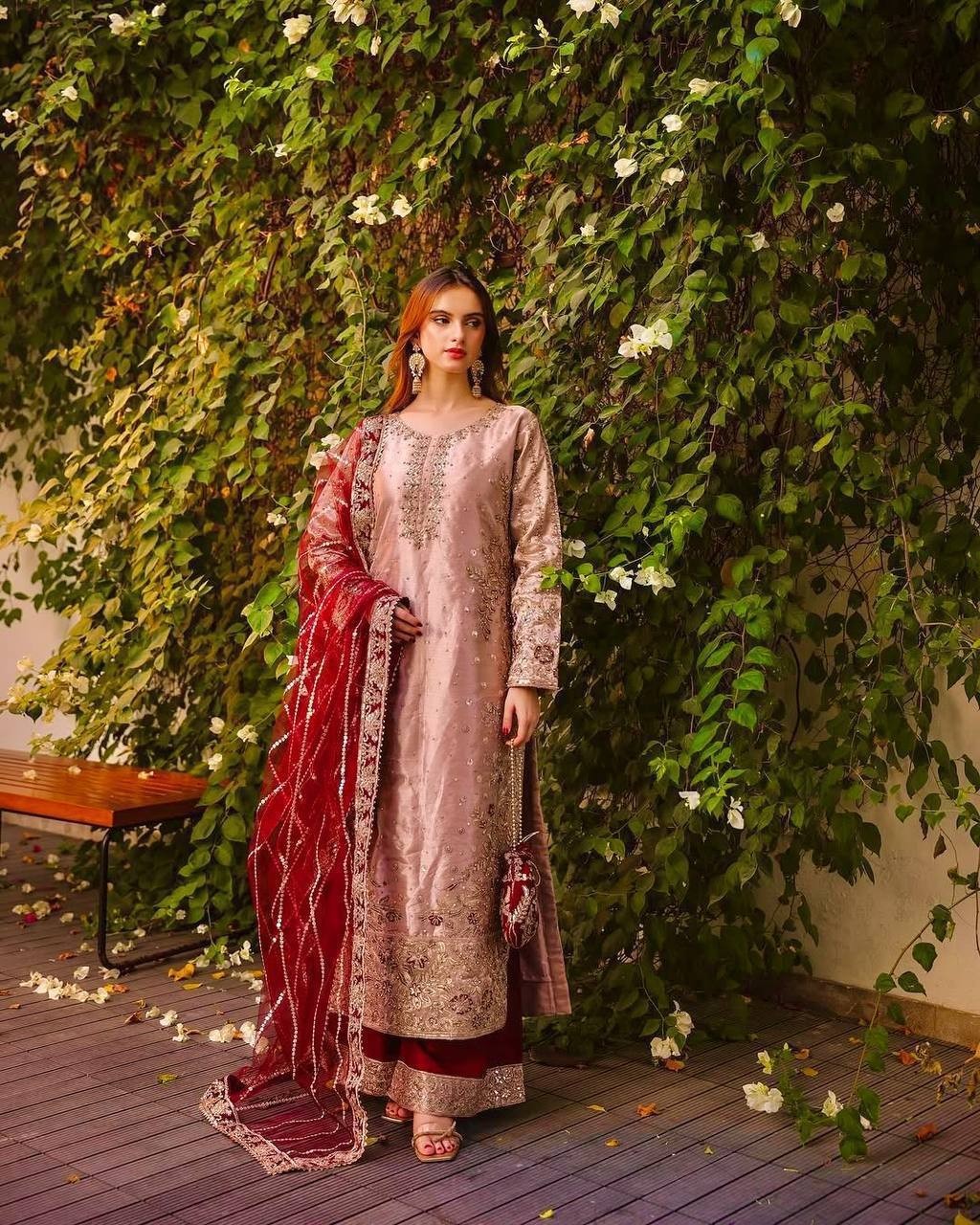 Heavy Reception Wear Peach Fancy Heavy Silk Salwar Kameez With Dupatta For Women