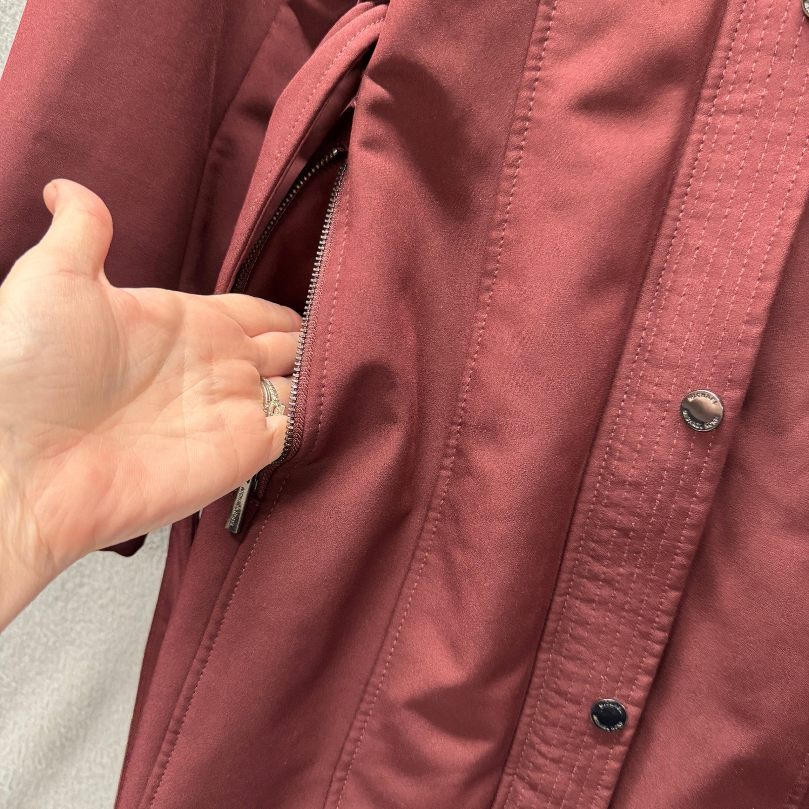 Michael Kors Softshell Jacket Womens Large Belted Hooded Burgundy Trench Coat