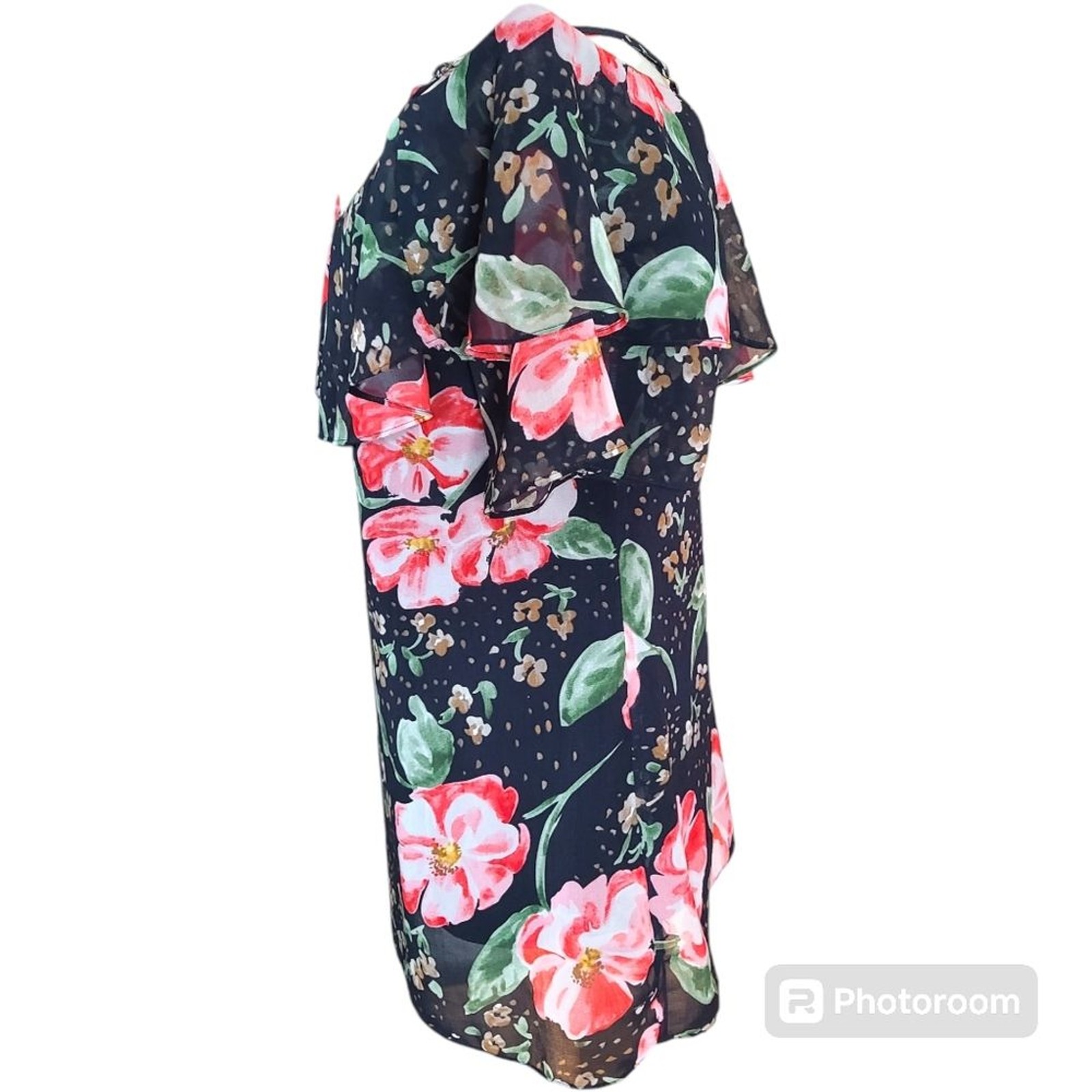 CABI Size Medium Navy Pink Floral Ruffled Off the Shoulder Blouse Coastal Chic