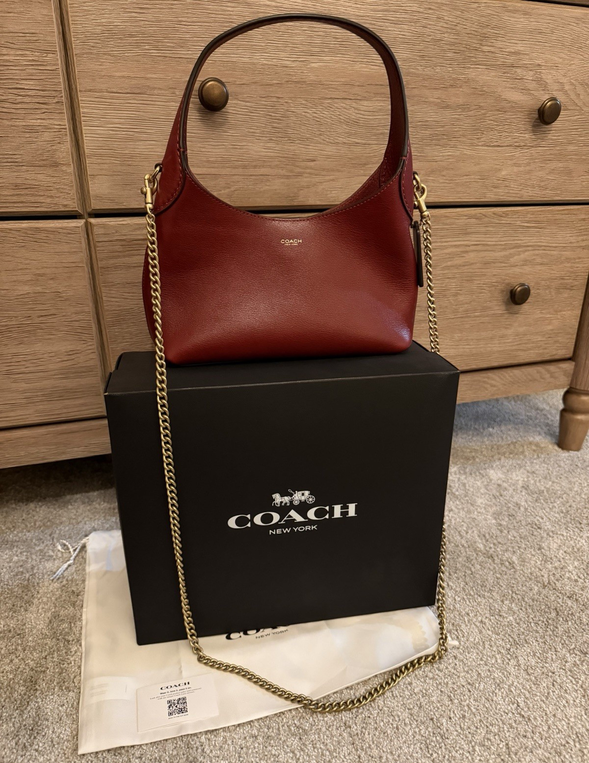 Coach Brooklyn 23 Bag in Ruby w/ Gold Chain Strap, Dust Bag & Box